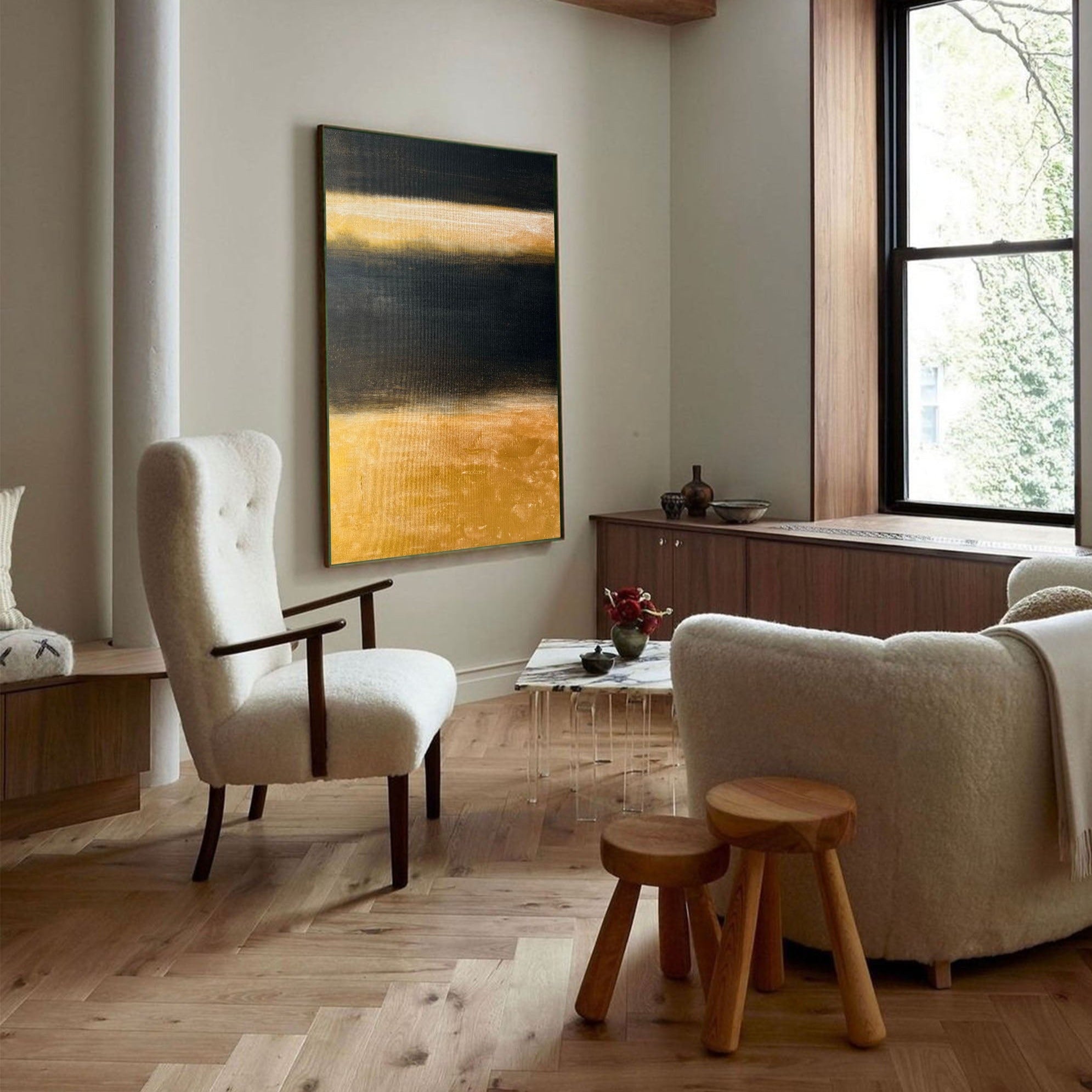 Luxury Gold Black Abstract Linen Painting