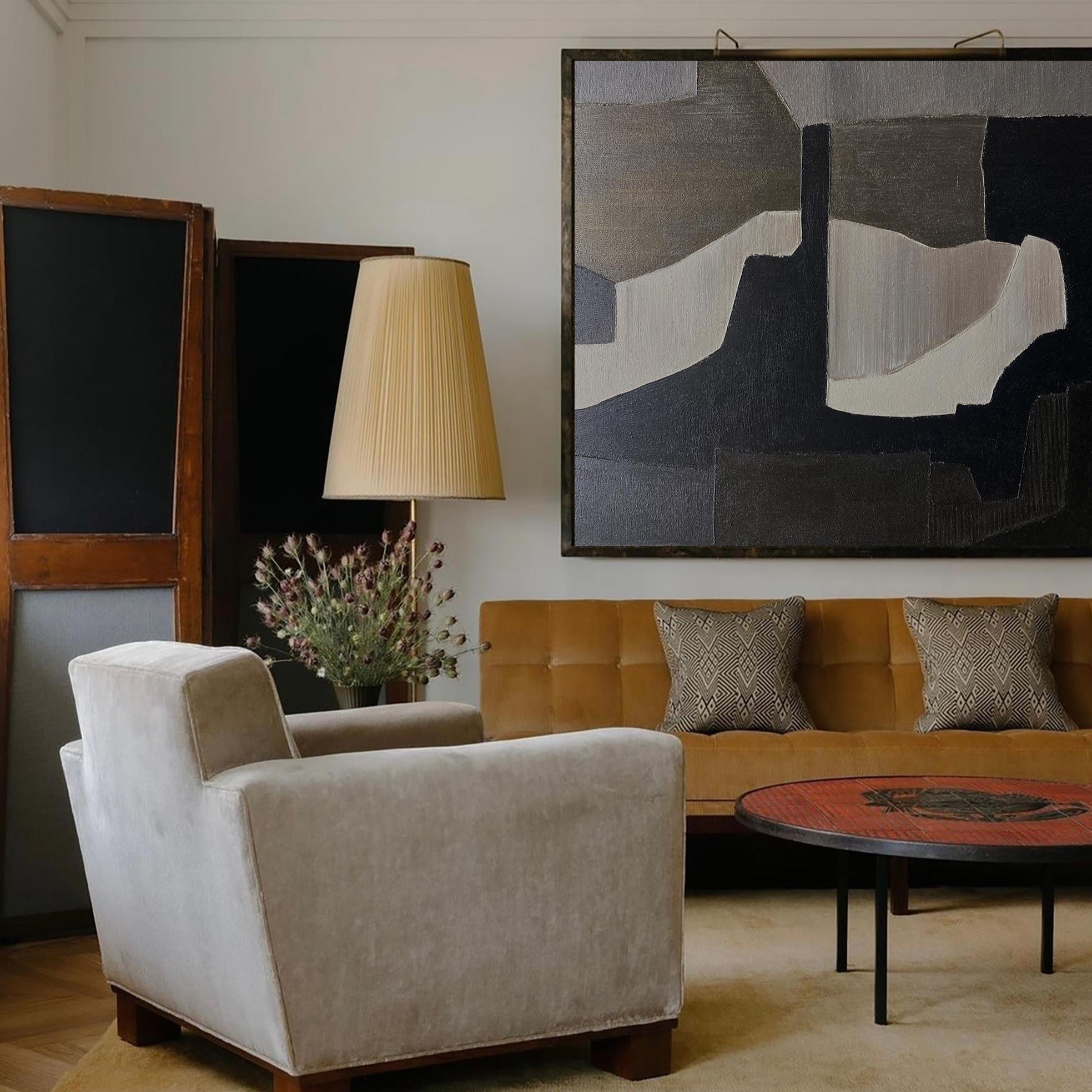 Contemporary Minimalist Black Beige Grey Abstract Geometric Painting