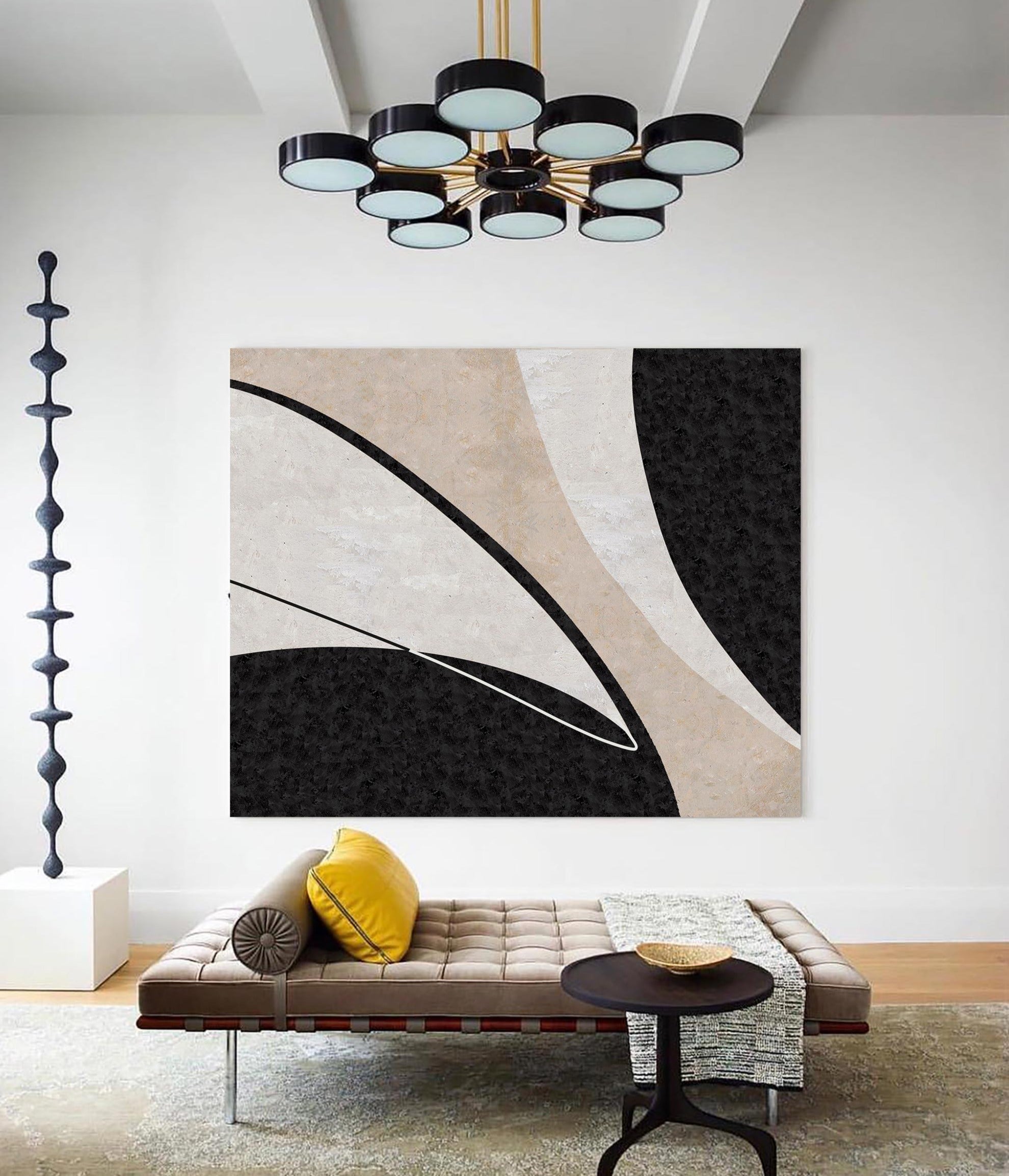 Black‑Beige Horizontal Curved‑Sector Grain‑Textured Artwork