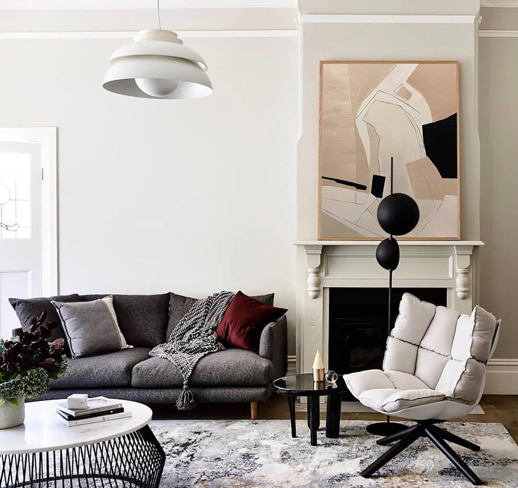 Beige‑Black‑Cream Vertical Geometric‑Splice Impasto‑Textured Artwork