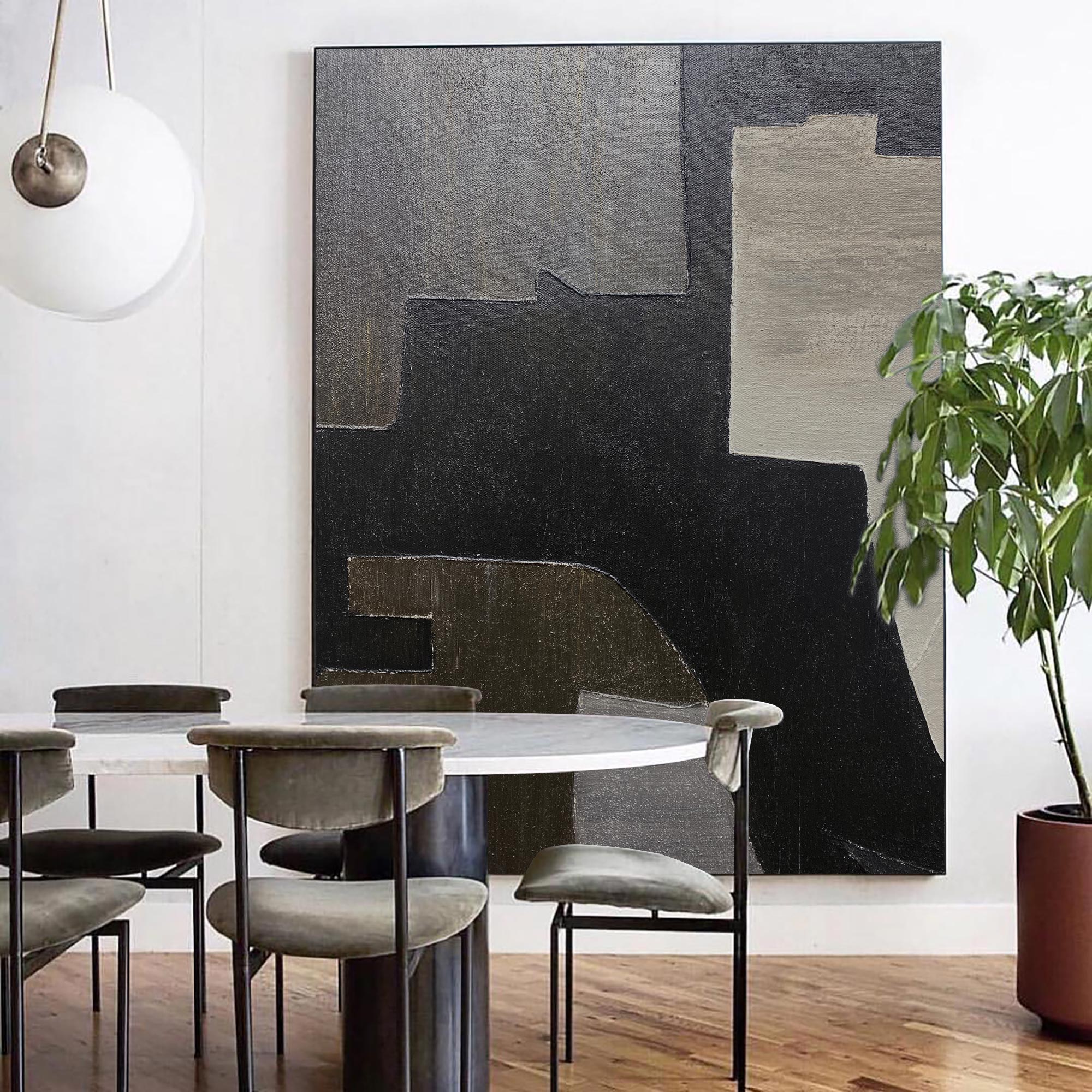 Black‑Grey‑Beige Vertical Geometric‑Block Impasto‑Textured Artwork