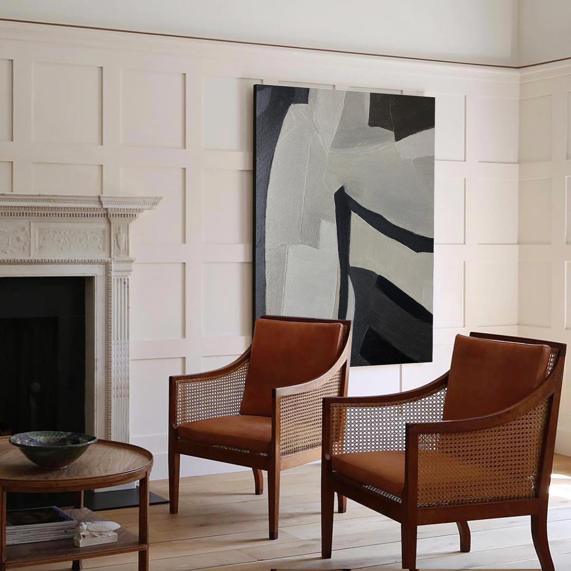 Black‑Grey‑Off‑White Vertical Curved‑Block Textured Artwork
