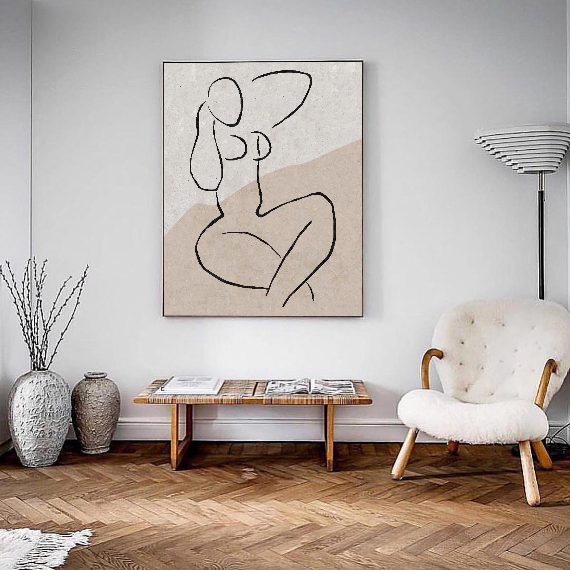 Minimalist Beige Black Line Art Figure Painting
