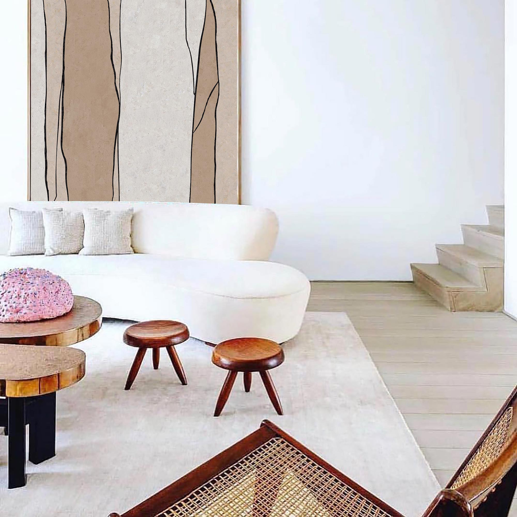 Minimalist Beige Black Line Pattern Painting