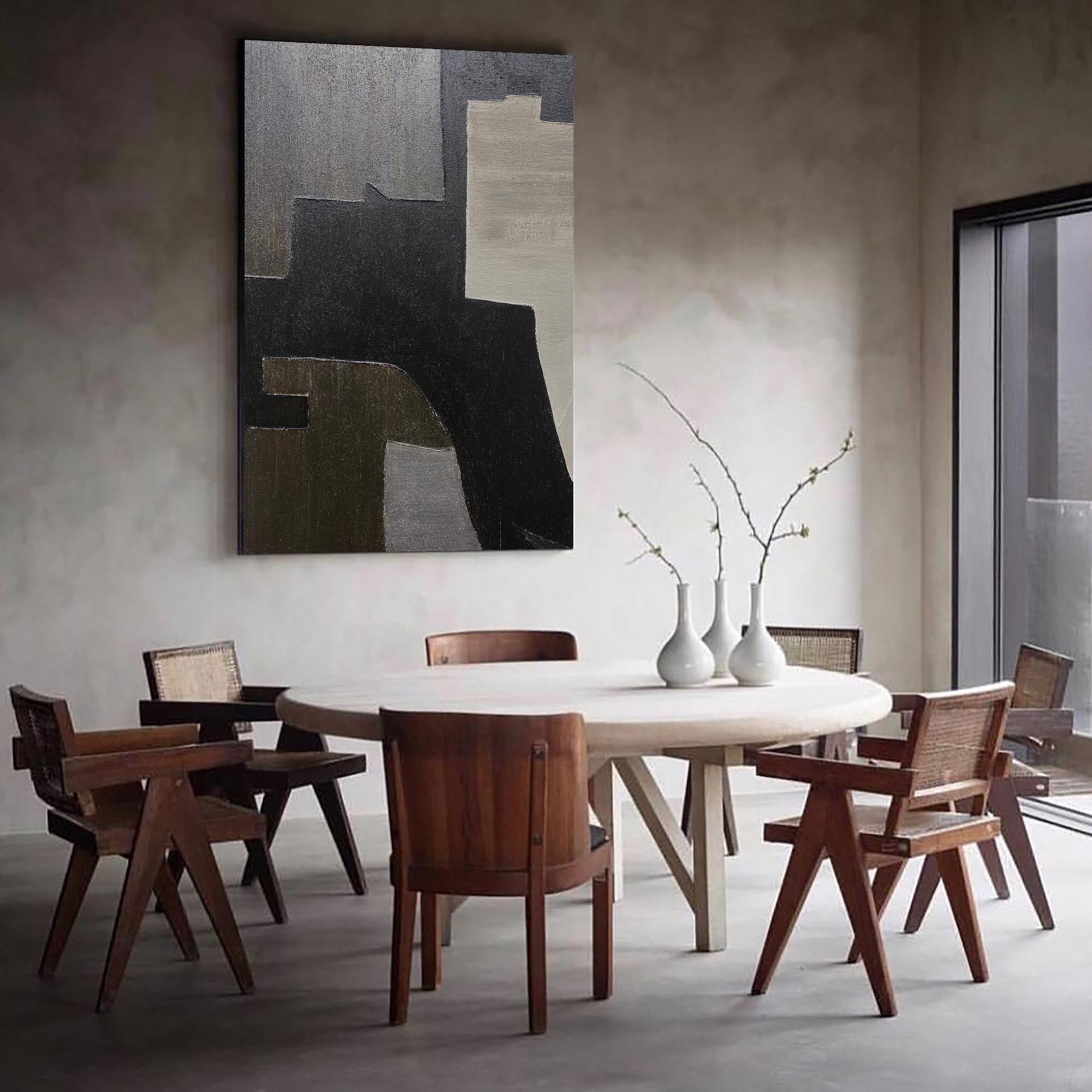 Black‑Grey‑Beige Vertical Geometric‑Block Impasto‑Textured Artwork