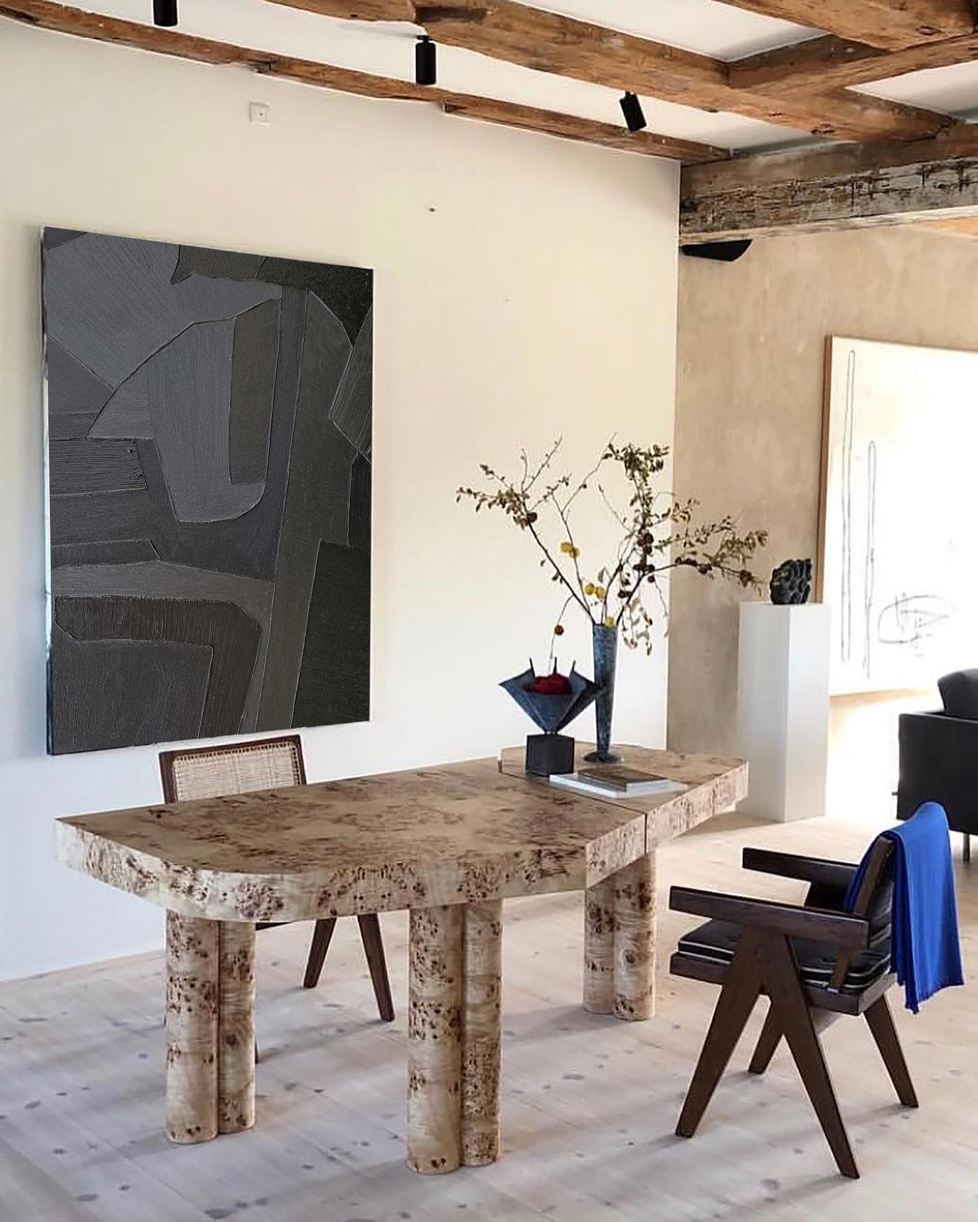 Wall Art Abstract Geometric Dark Charcoal Minimalist Textured Canvas Living Room | Neutralighting