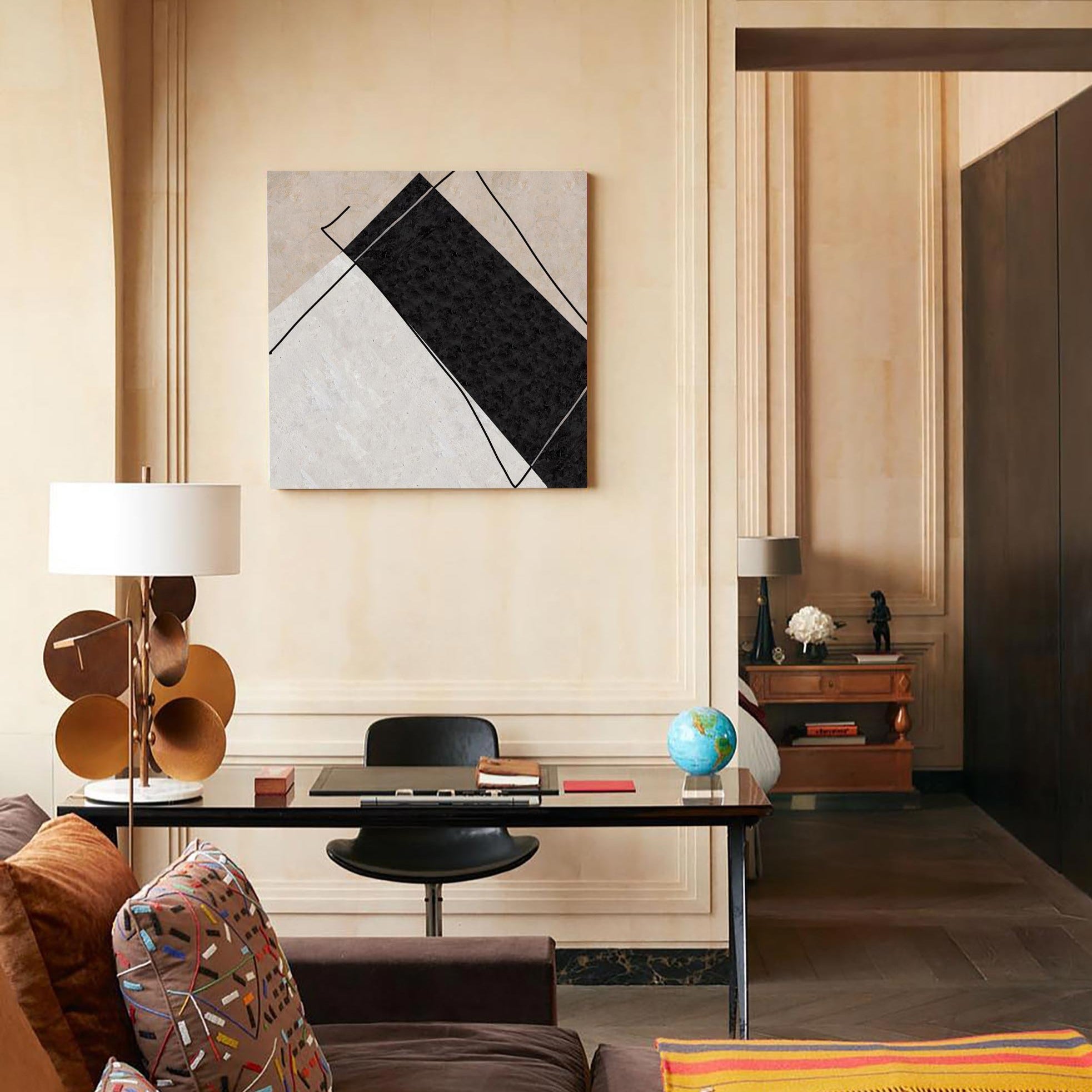 Abstract Black Beige Geometric Diamond Shape Painting