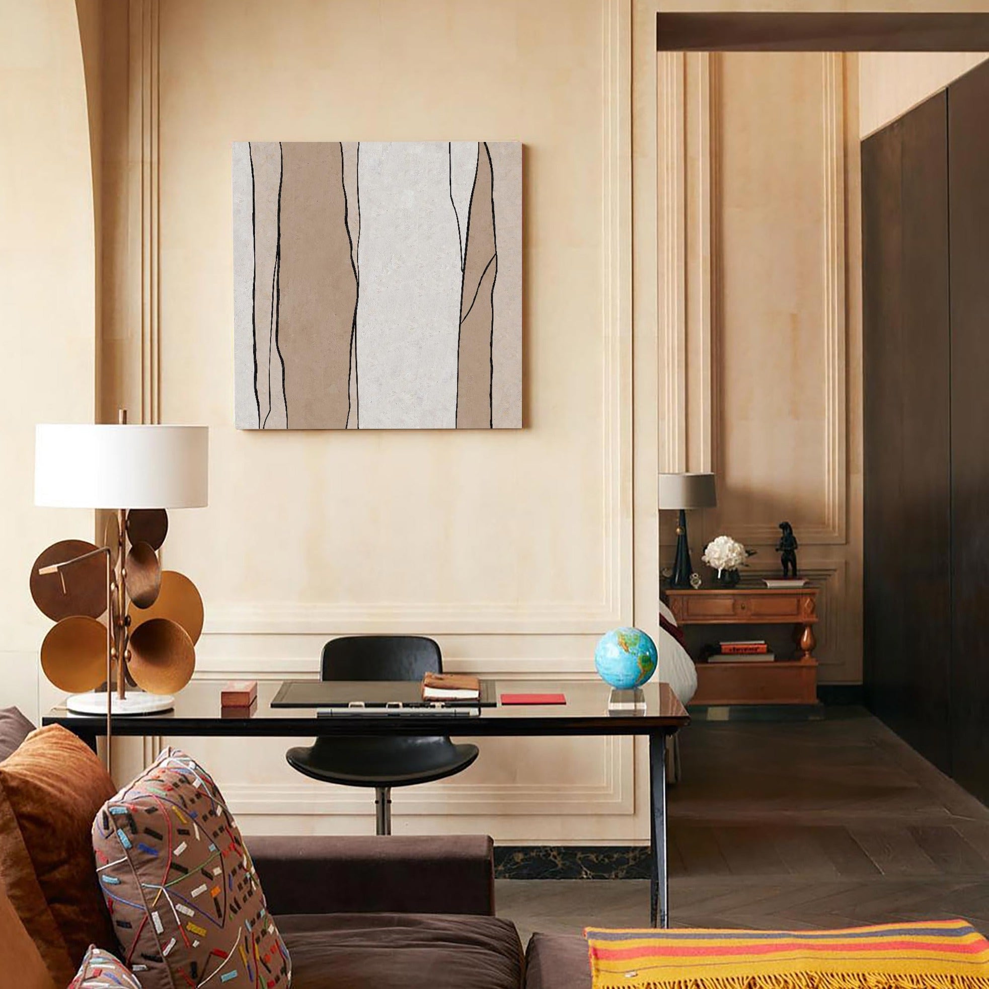 Minimalist Beige Black Line Pattern Painting