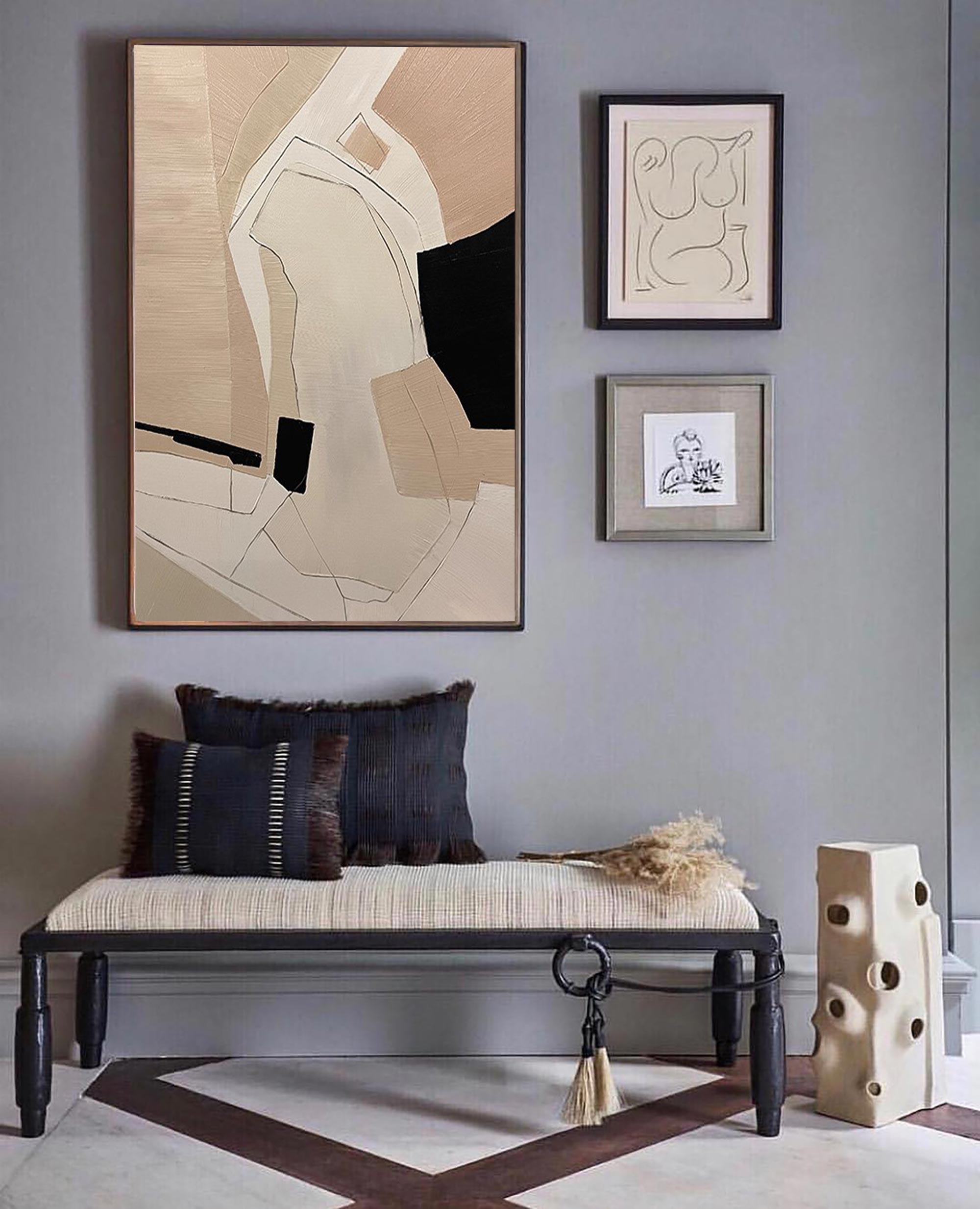 Beige‑Black‑Cream Vertical Geometric‑Splice Impasto‑Textured Artwork