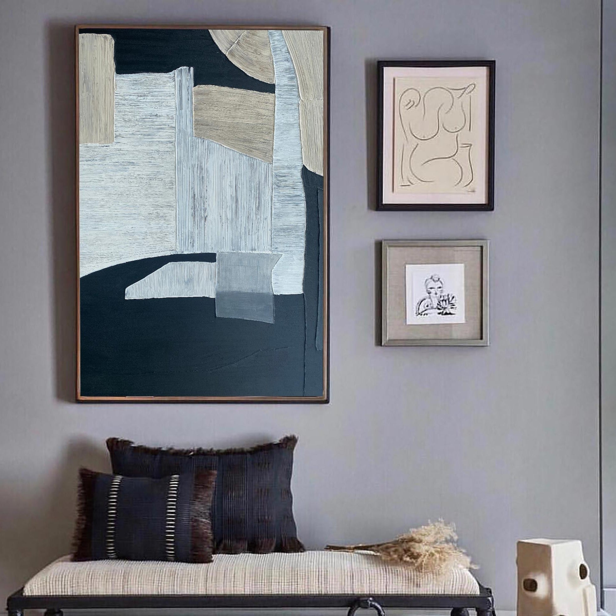 Navy‑Beige‑Grey Vertical Patch‑Block Impasto‑Textured Artwork