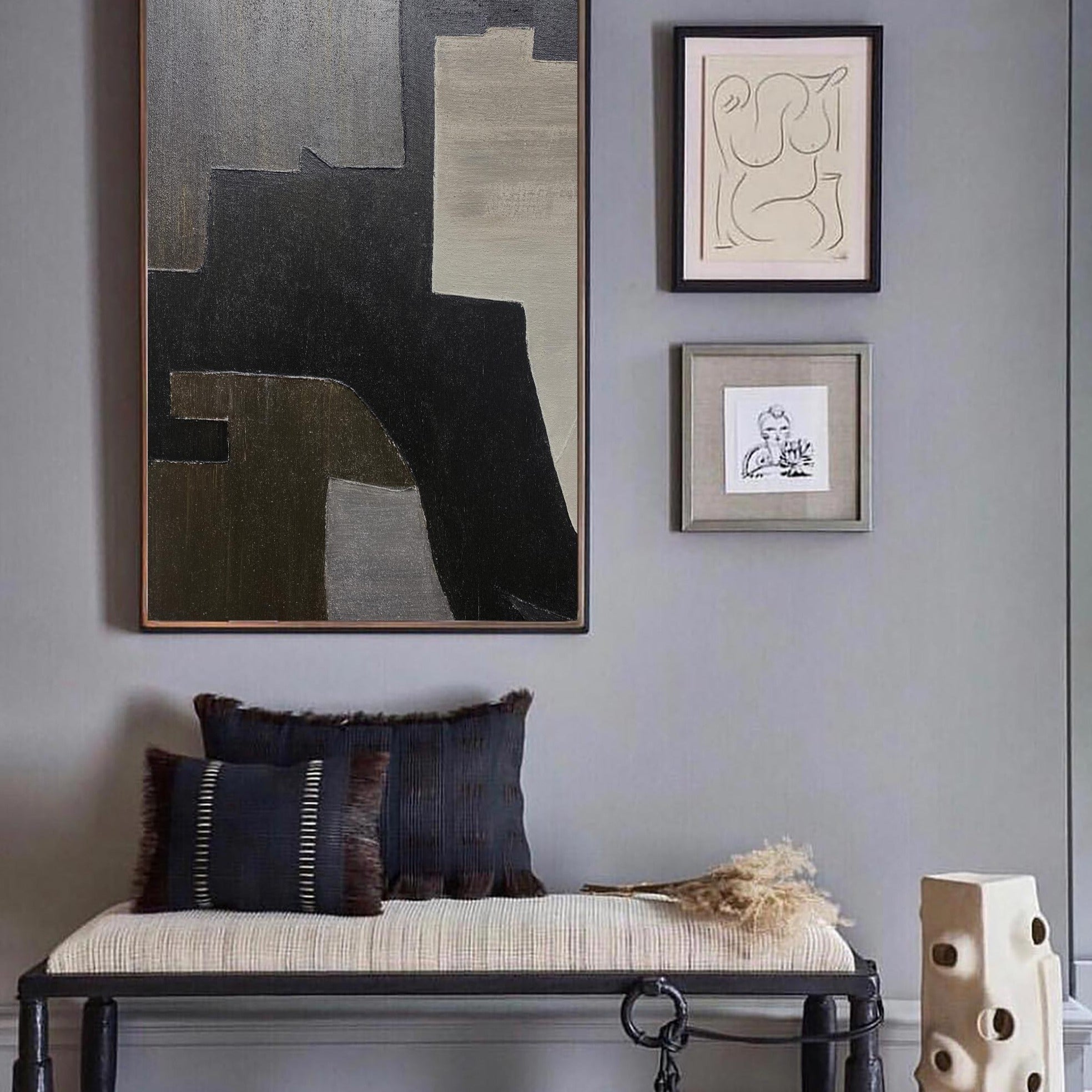 Black‑Grey‑Beige Vertical Geometric‑Block Impasto‑Textured Artwork