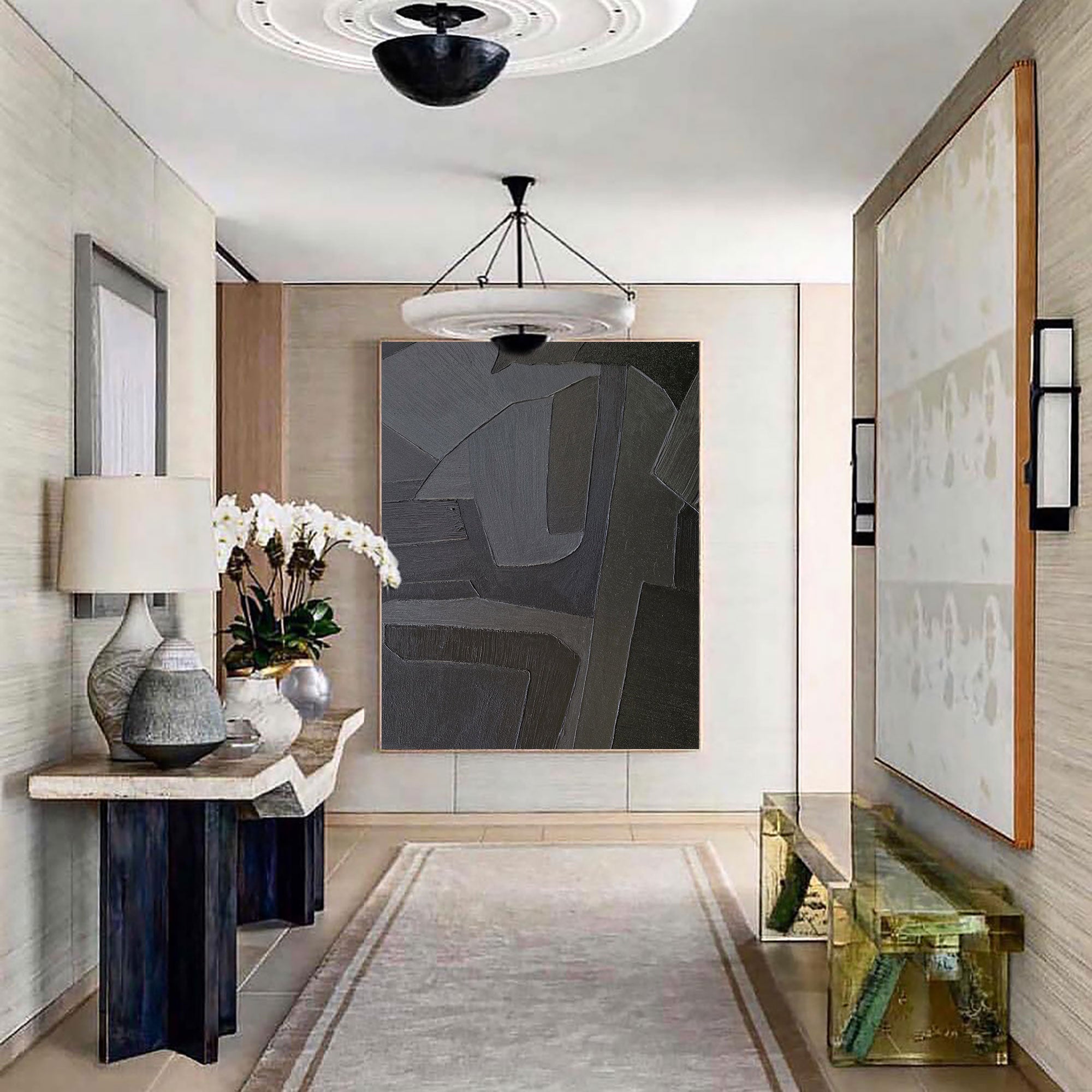 Wall Art Abstract Geometric Dark Charcoal Minimalist Textured Canvas Living Room | Neutralighting