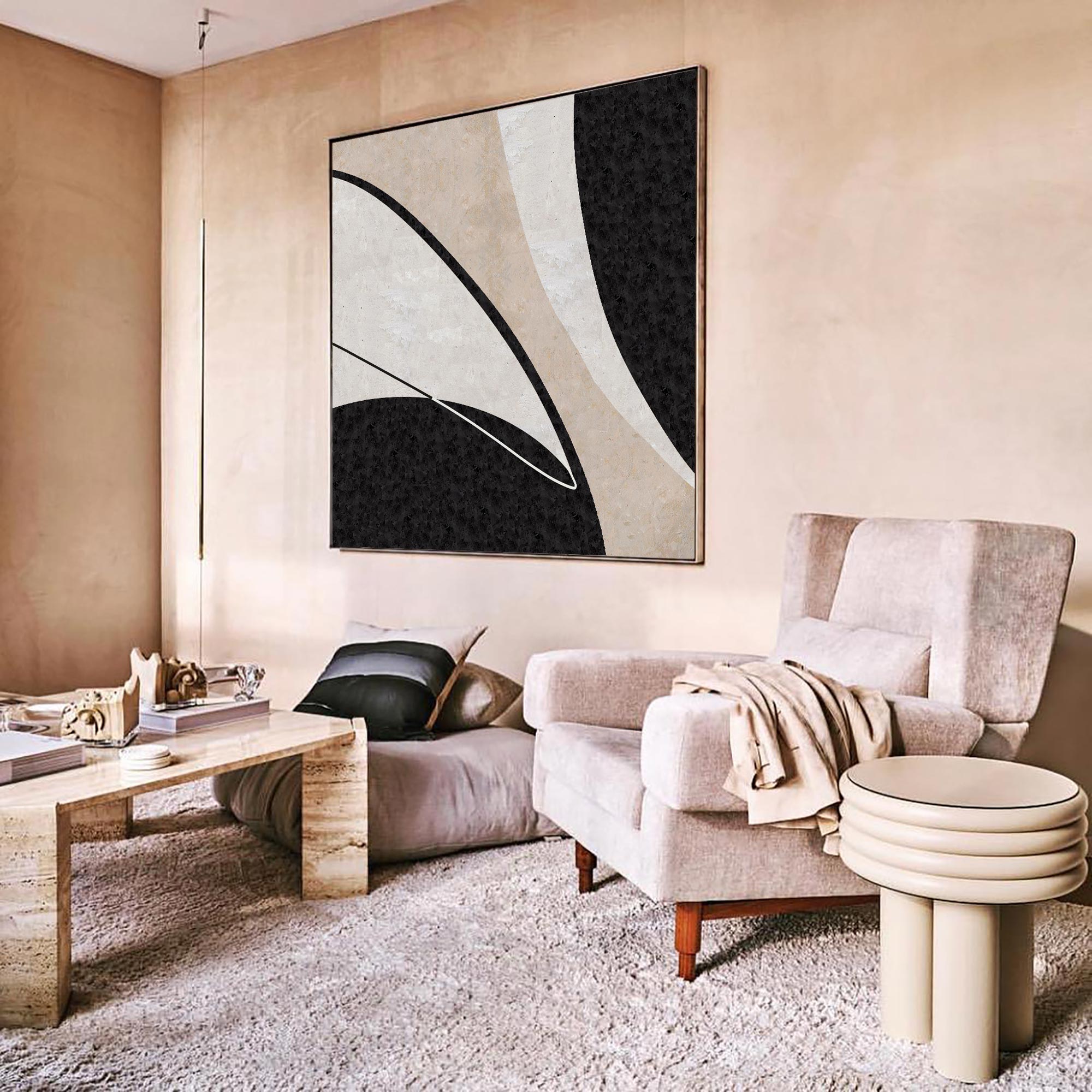 Black‑Beige Horizontal Curved‑Sector Grain‑Textured Artwork