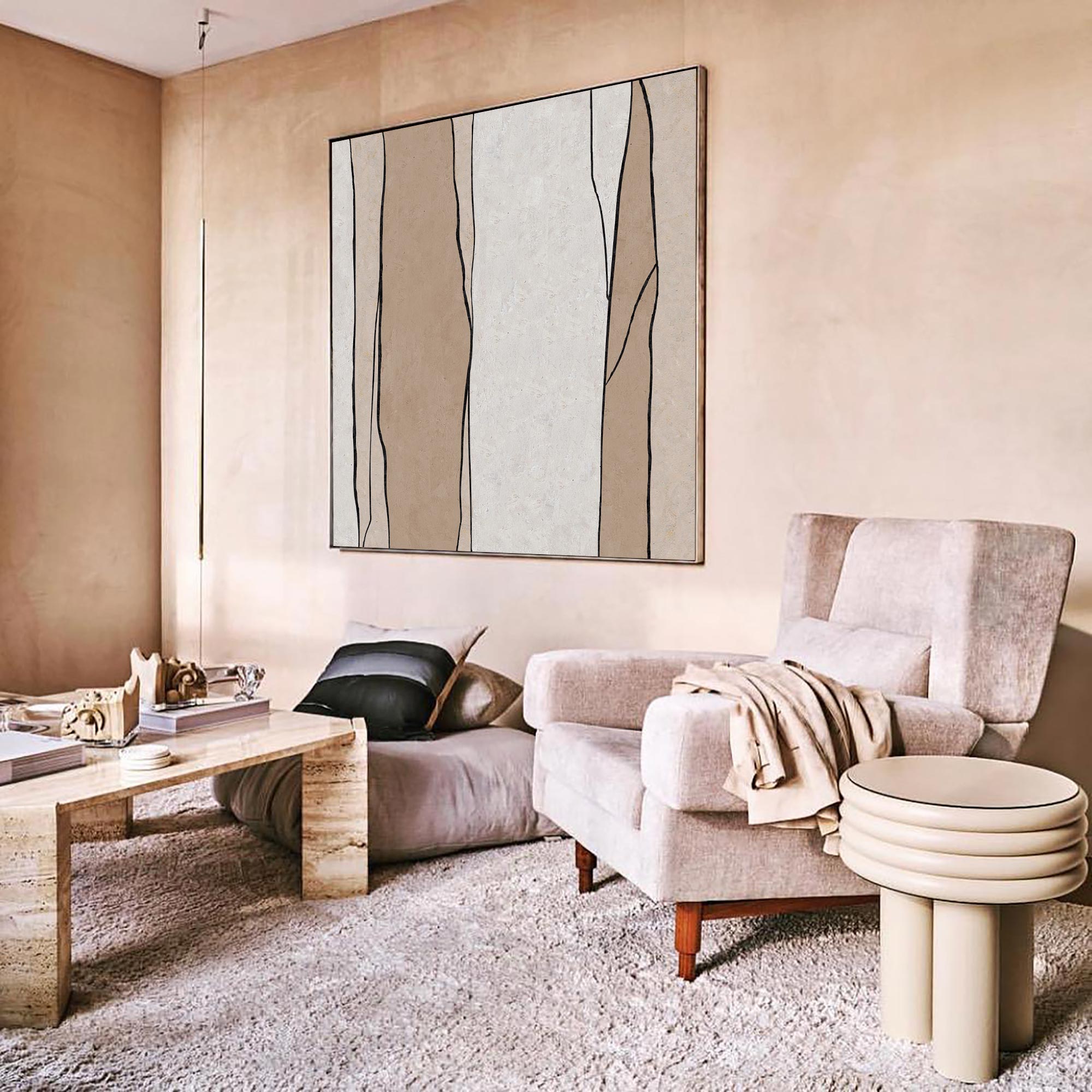 Minimalist Beige Black Line Pattern Painting