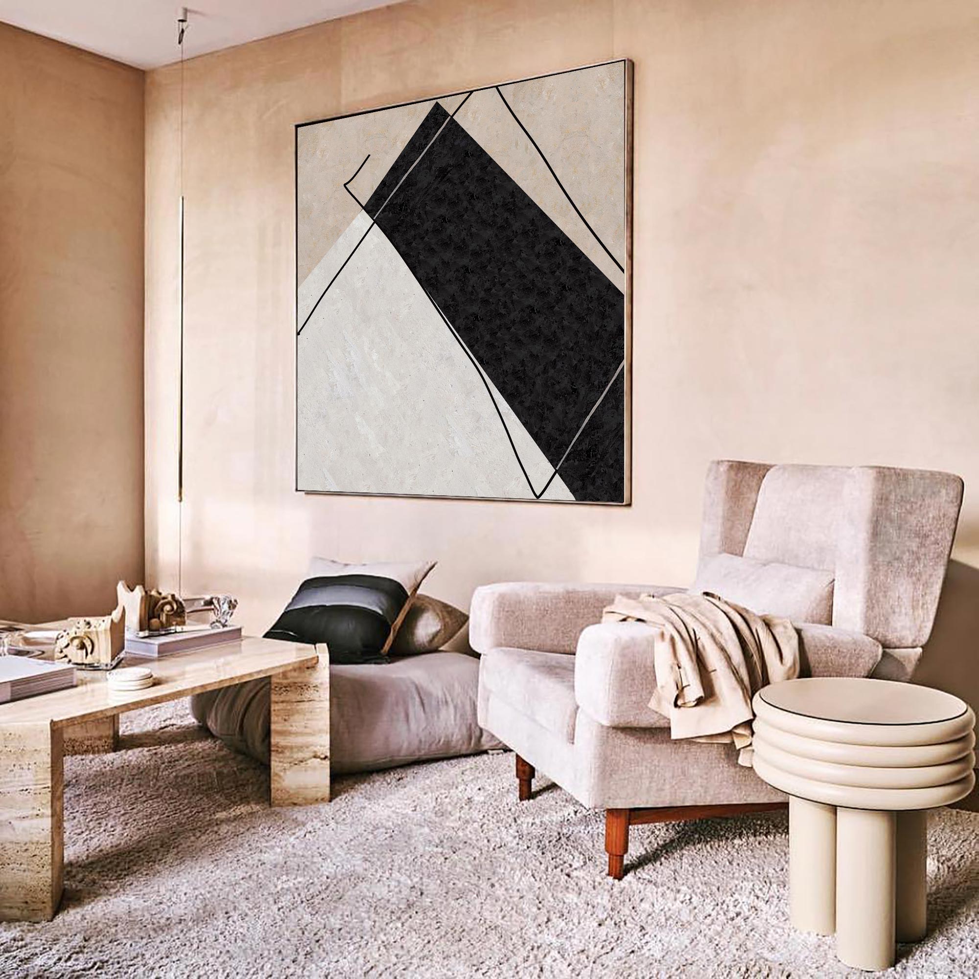 Abstract Black Beige Geometric Diamond Shape Painting