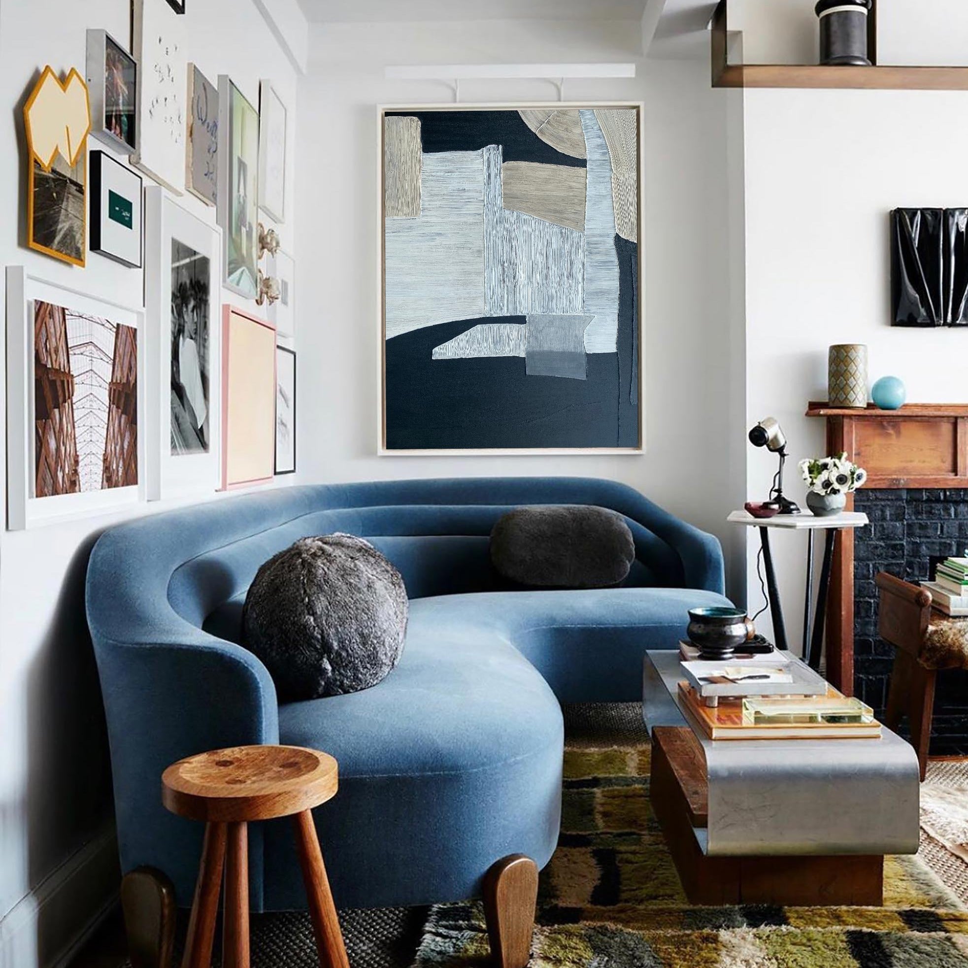 Navy‑Beige‑Grey Vertical Patch‑Block Impasto‑Textured Artwork