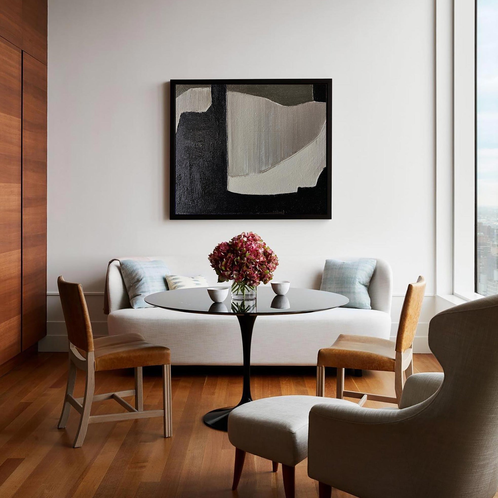 Contemporary Abstract Black White Beige Geometric Minimalist Painting