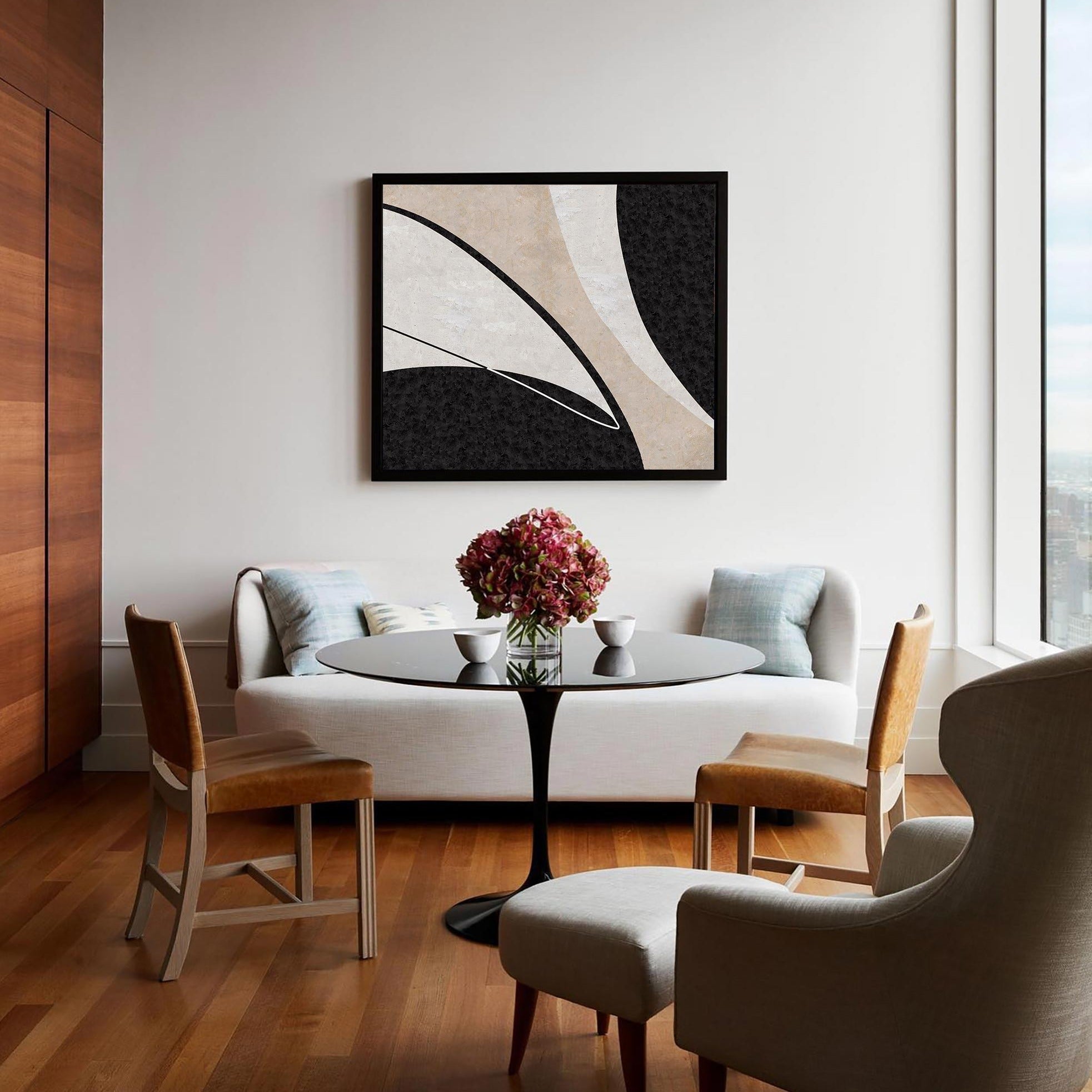 Black‑Beige Horizontal Curved‑Sector Grain‑Textured Artwork