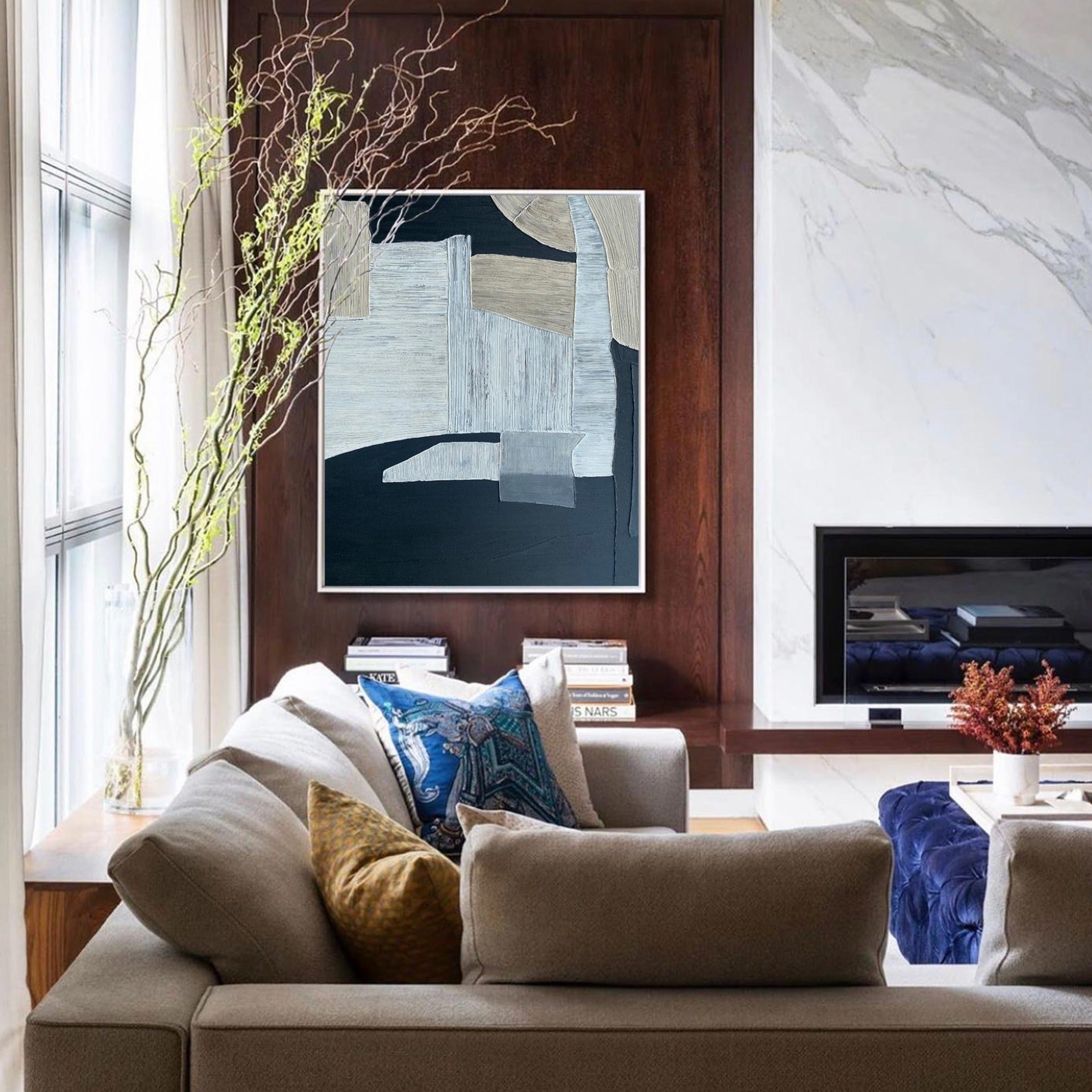 Navy‑Beige‑Grey Vertical Patch‑Block Impasto‑Textured Artwork