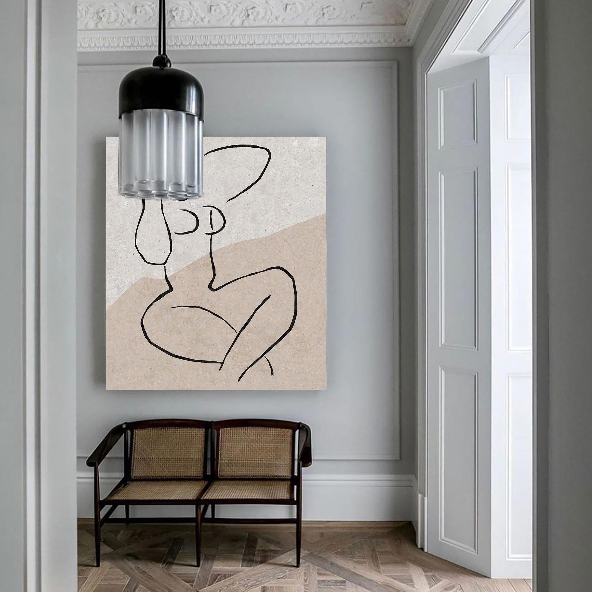 Minimalist Beige Black Line Art Figure Painting