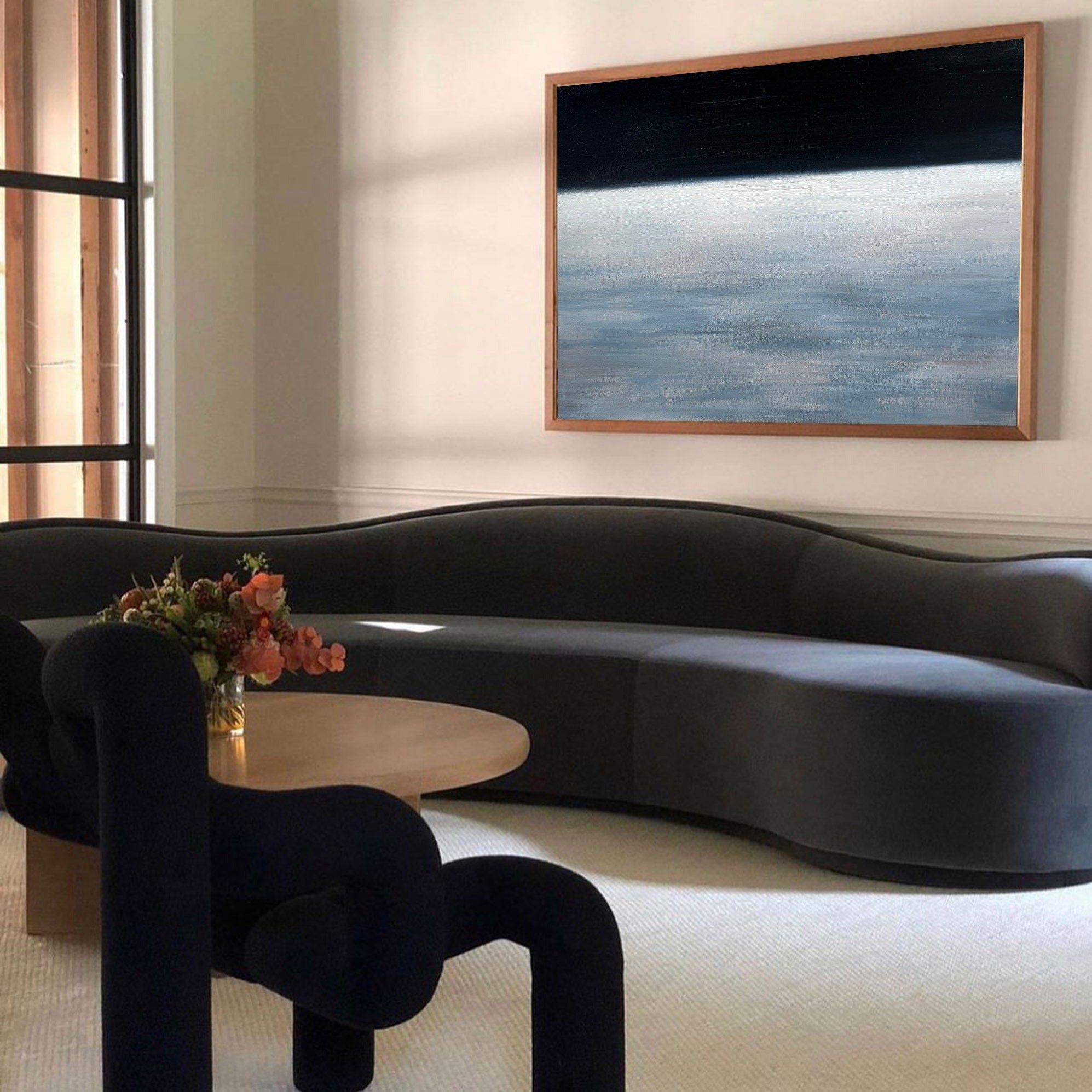 Minimal Dark Ocean Horizon Abstract Canvas Wall Hanging