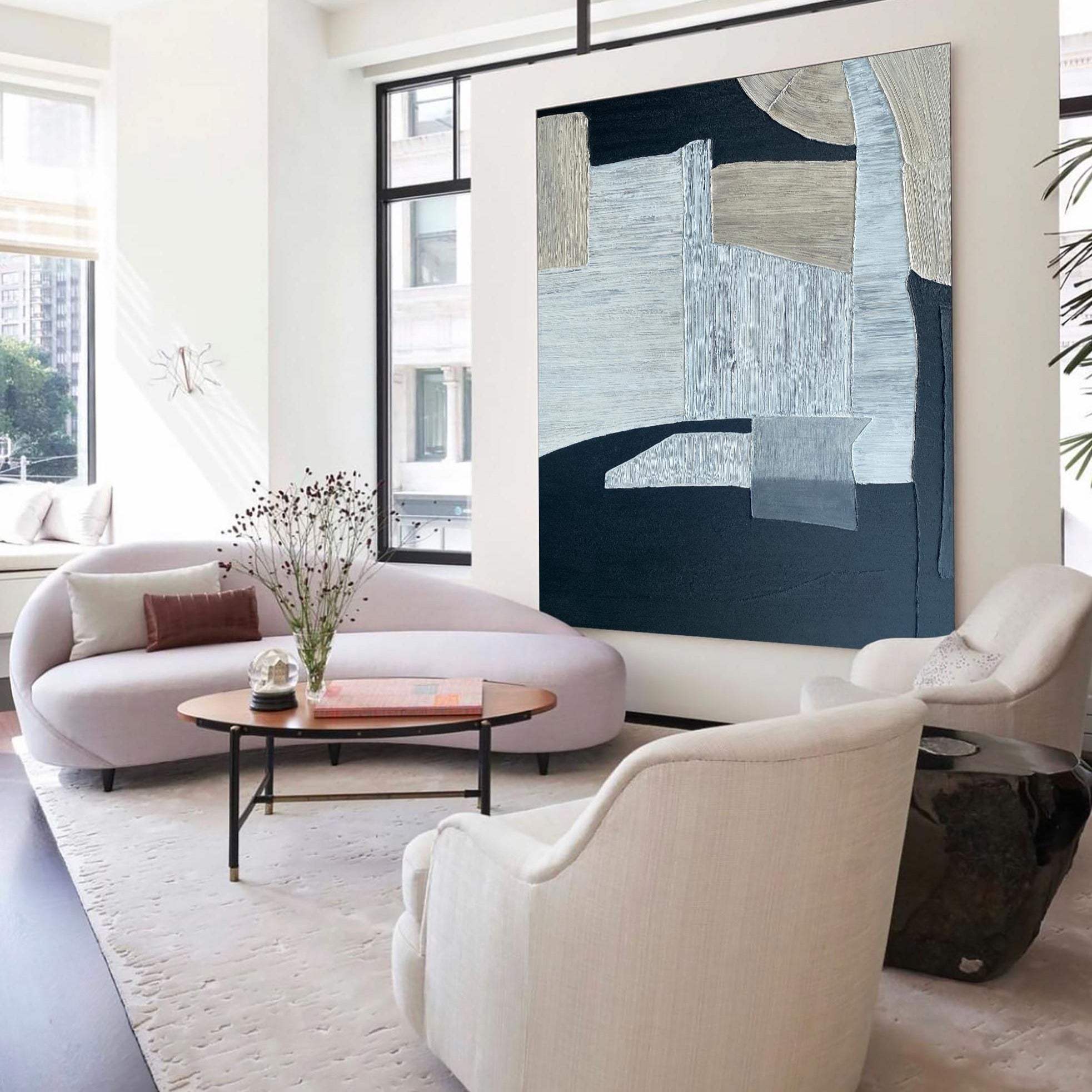 Navy‑Beige‑Grey Vertical Patch‑Block Impasto‑Textured Artwork