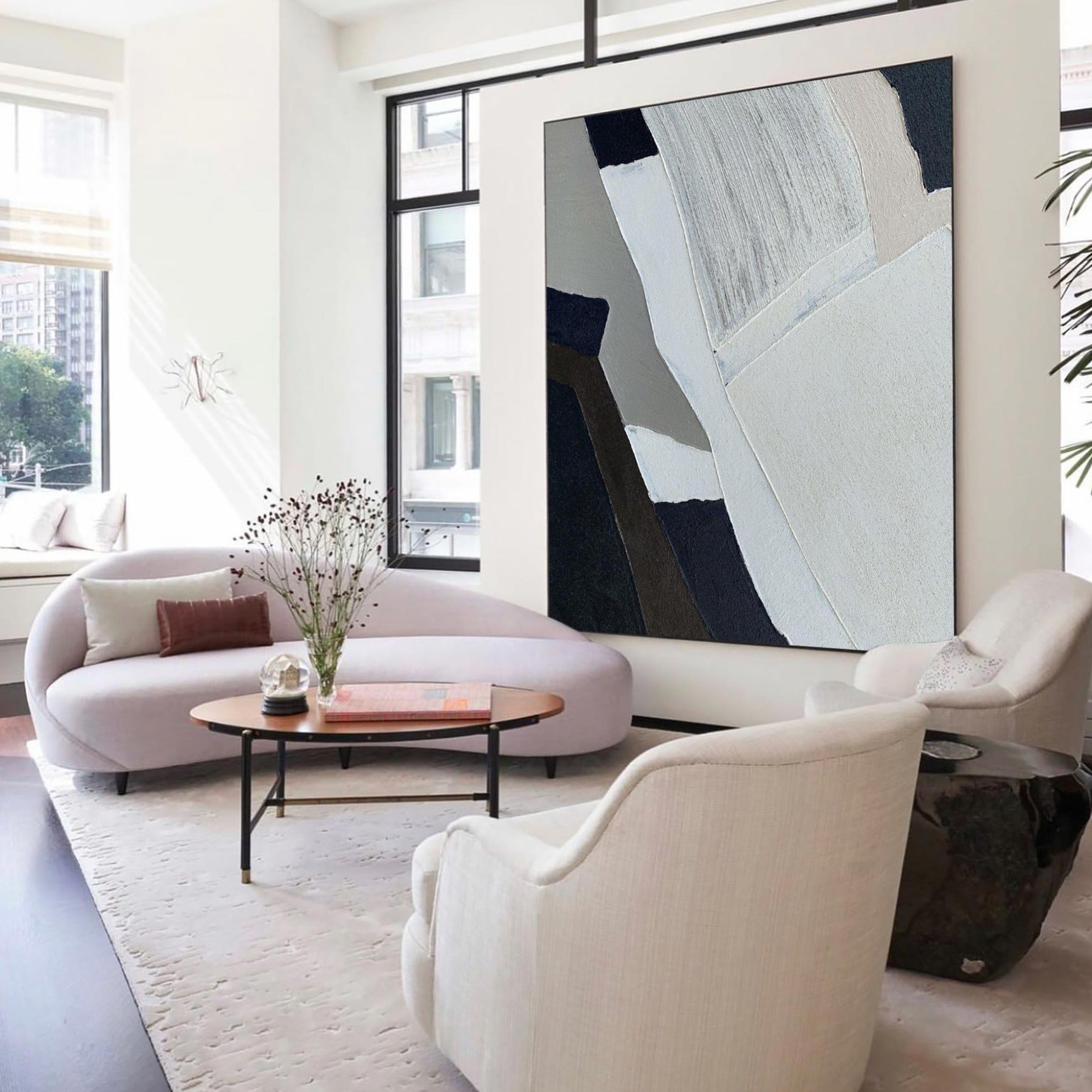 Textured Black White Abstract Linen Painting