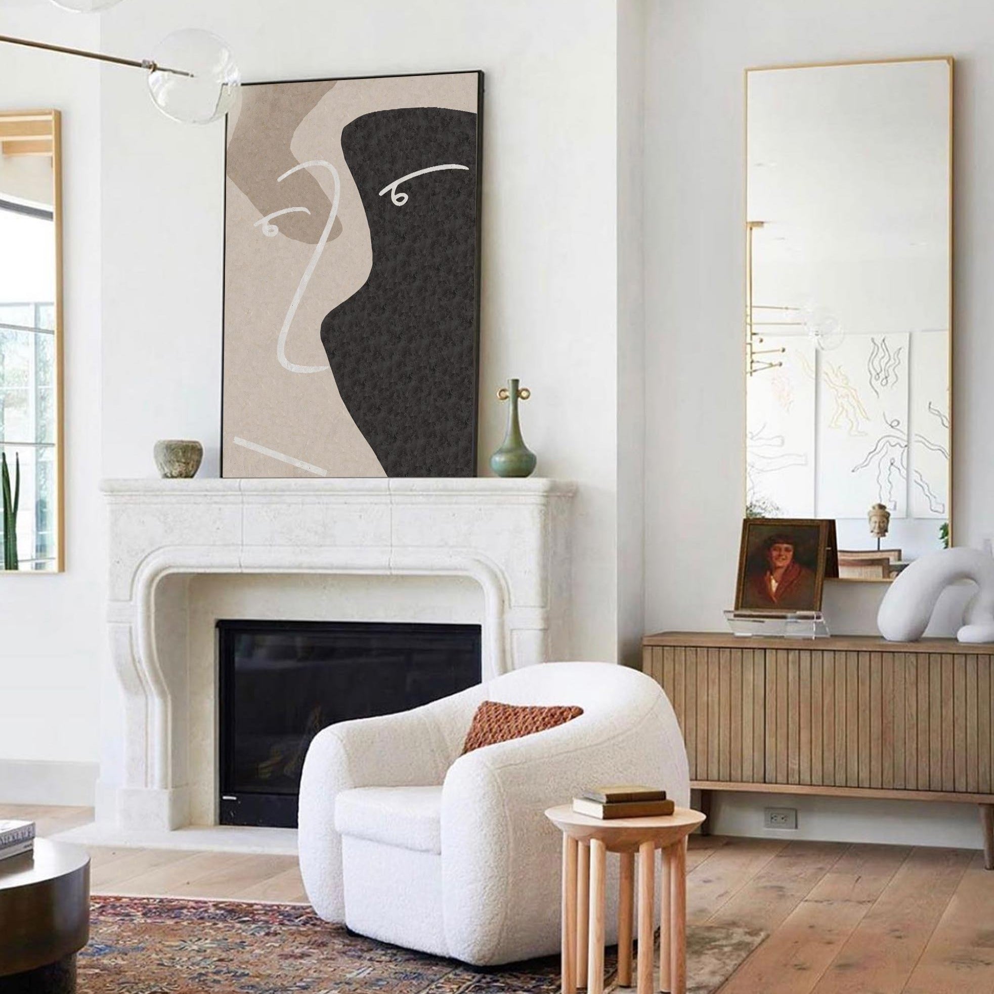Minimalist Black Beige Abstract Face Silhouette Painting