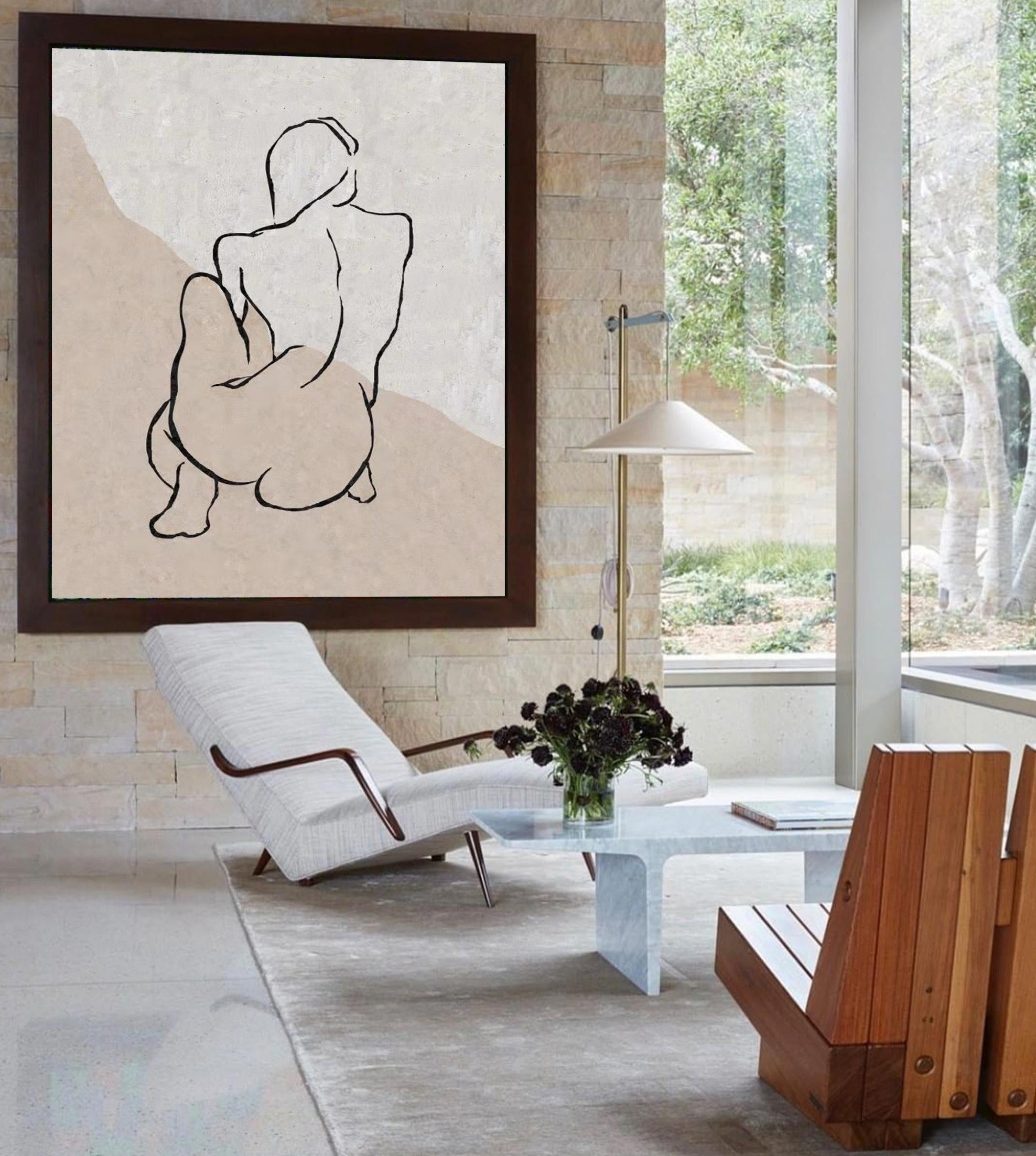 Beige‑Taupe Vertical Figure‑Sketch Line‑Textured Artwork