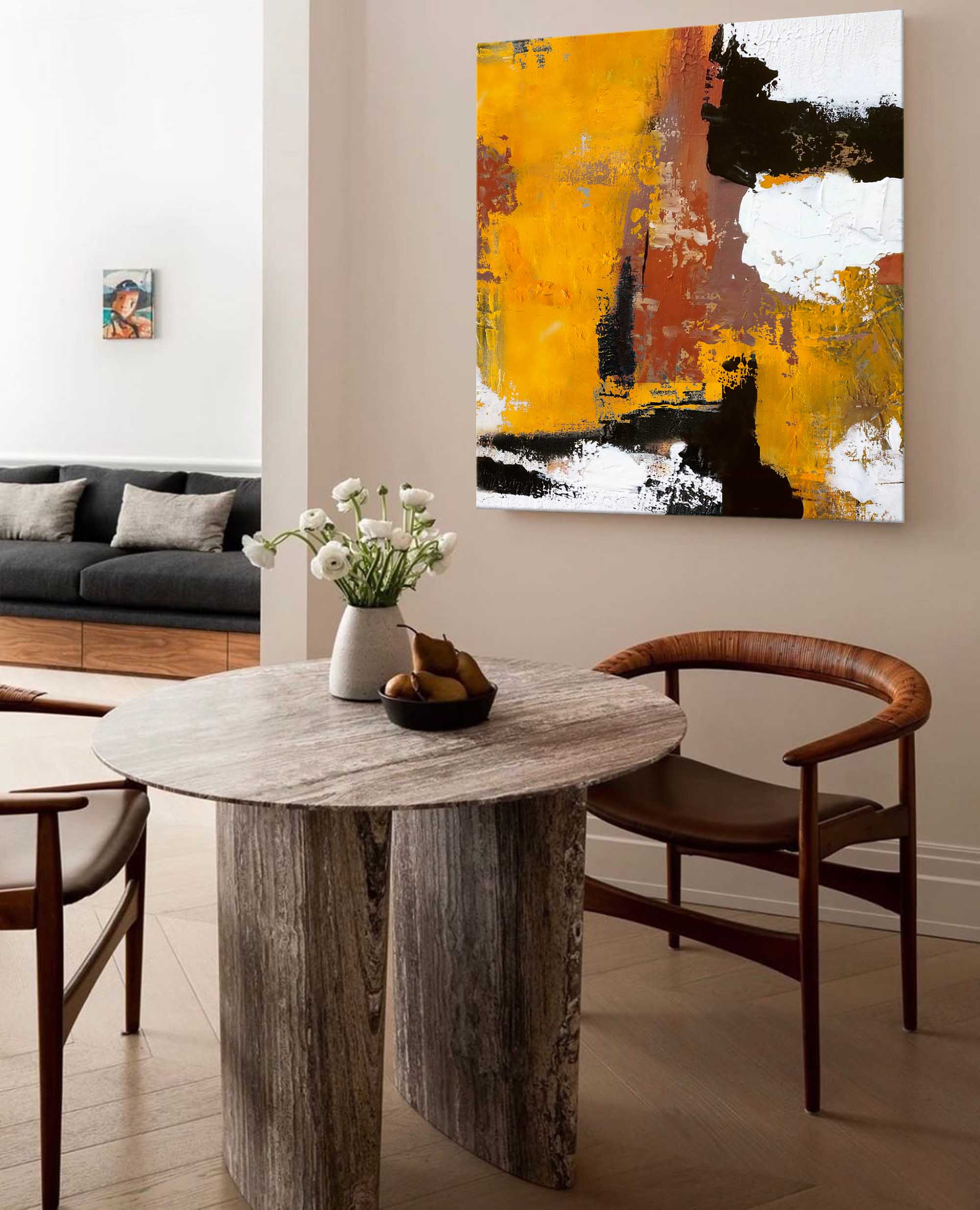 Ochre Black White Textured Abstract Wall Art