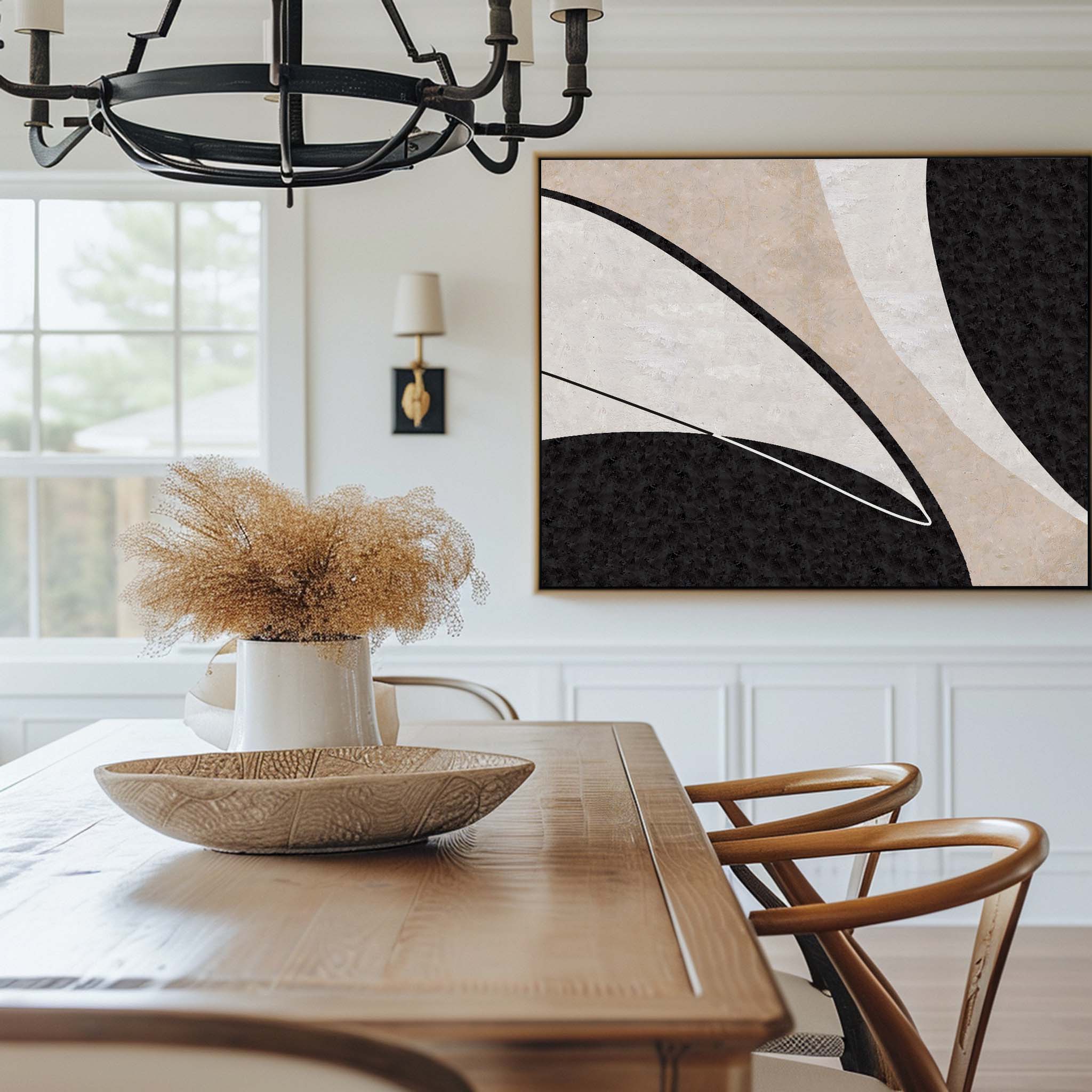 Black‑Beige Horizontal Curved‑Sector Grain‑Textured Artwork