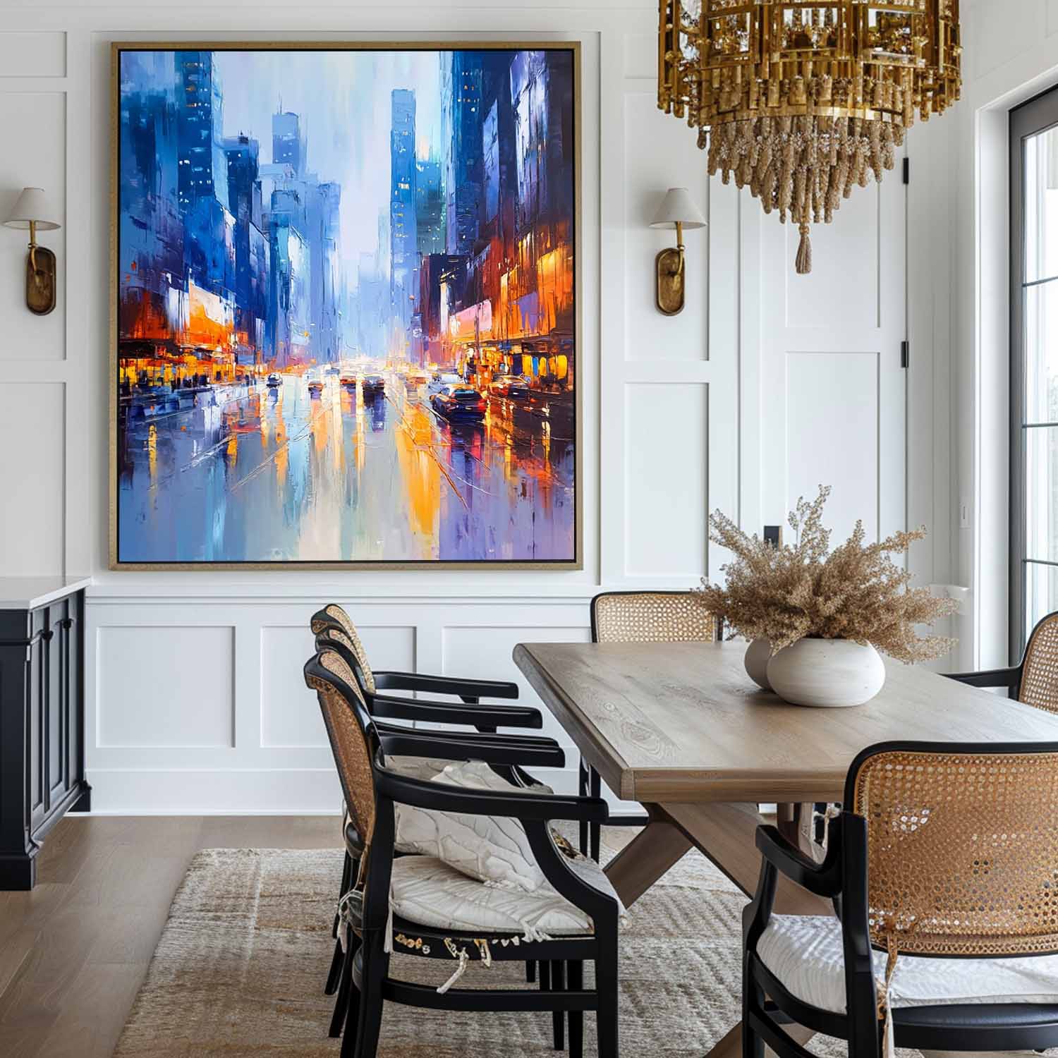 City Night Rain Reflection Oil Painting