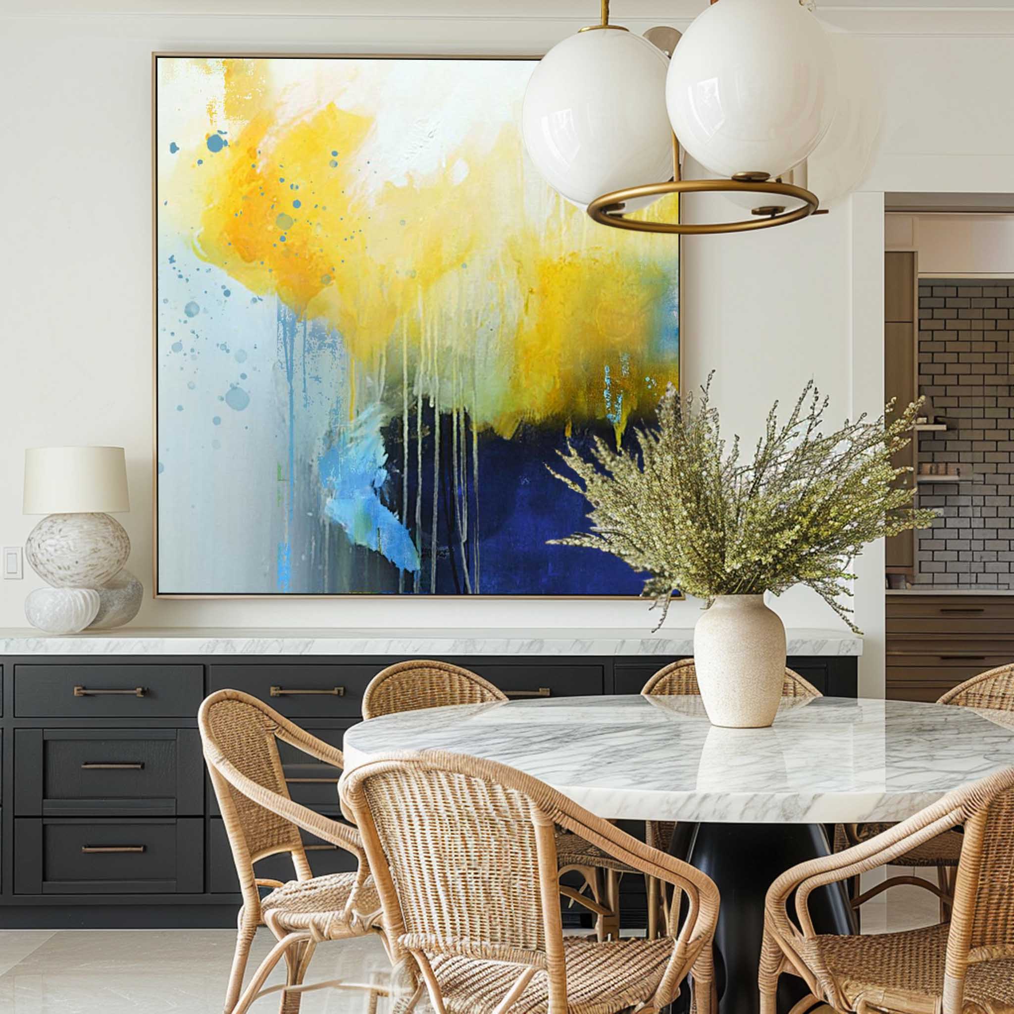 Yellow‑Deep‑Blue Square Fluid‑Wash Dripping Abstract Textured Artwork