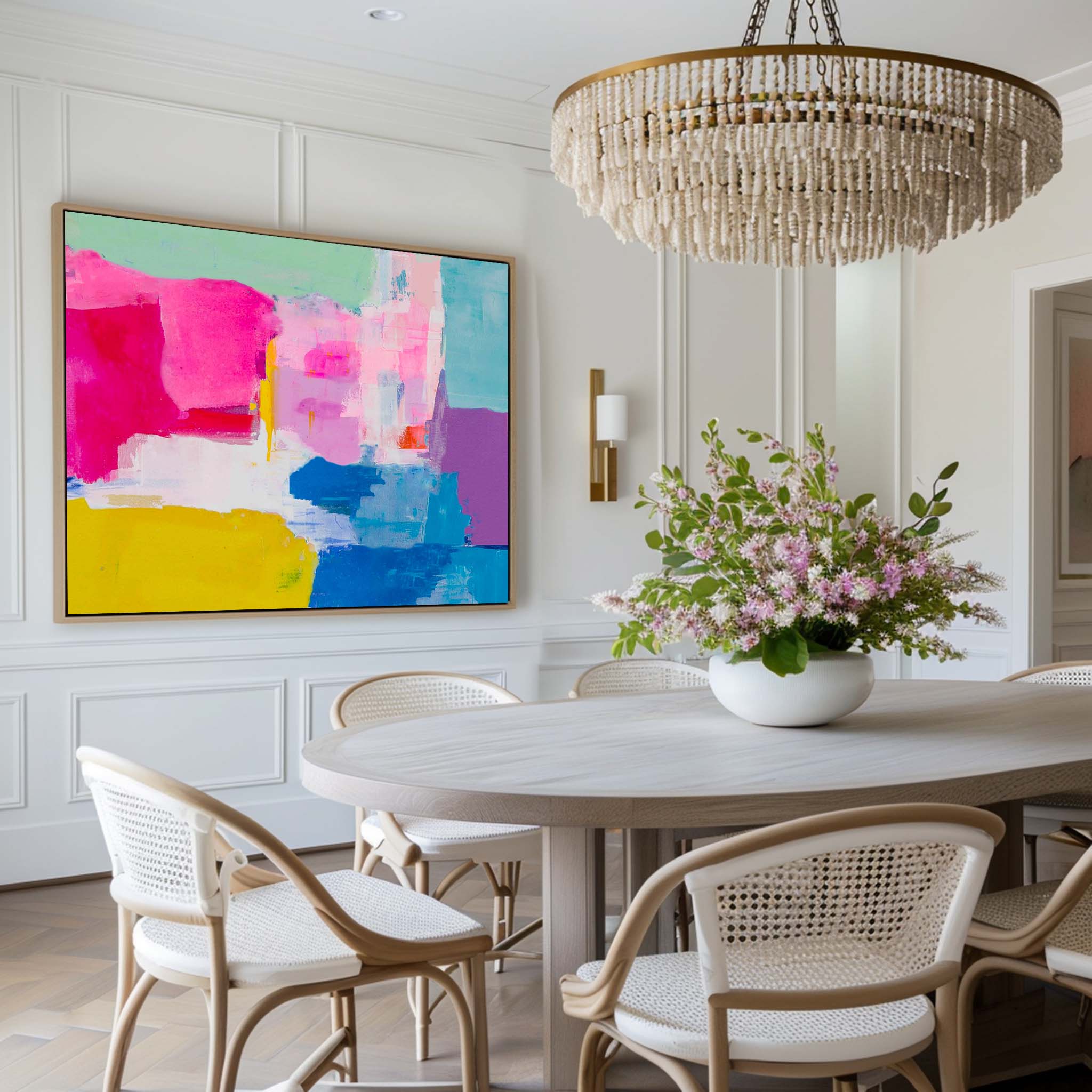 Hot‑Pink‑Yellow‑Purple‑Teal Horizontal Vibrant Geometric Abstract Textured Artwork