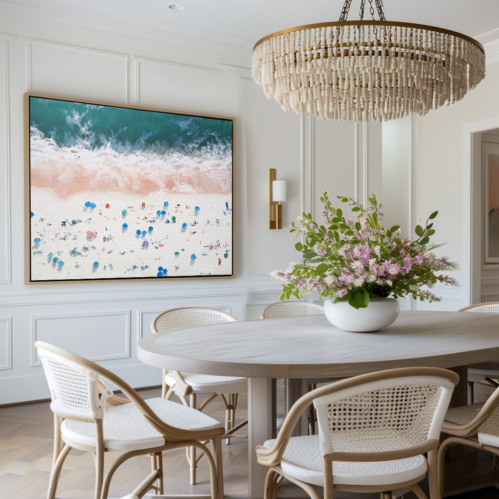 Teal‑Pink‑White Horizontal Beach‑Scene Impasto‑Textured Artwork