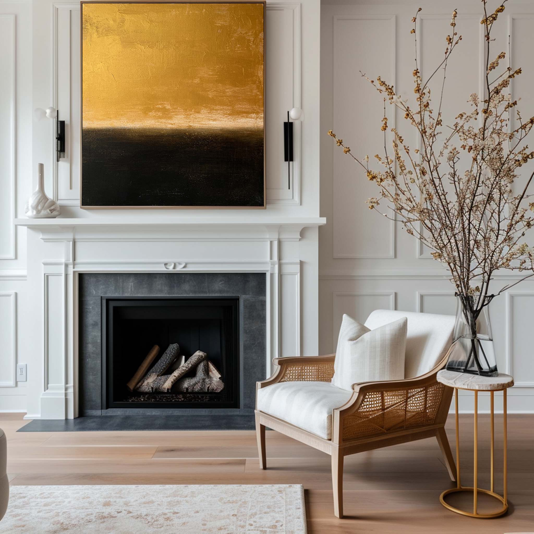 Luxury Gold Black Abstract Linen Painting