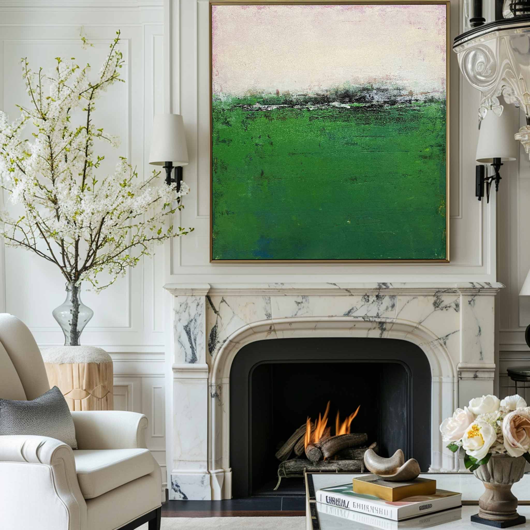 Minimalist Green White Abstract Landscape Oil Painting