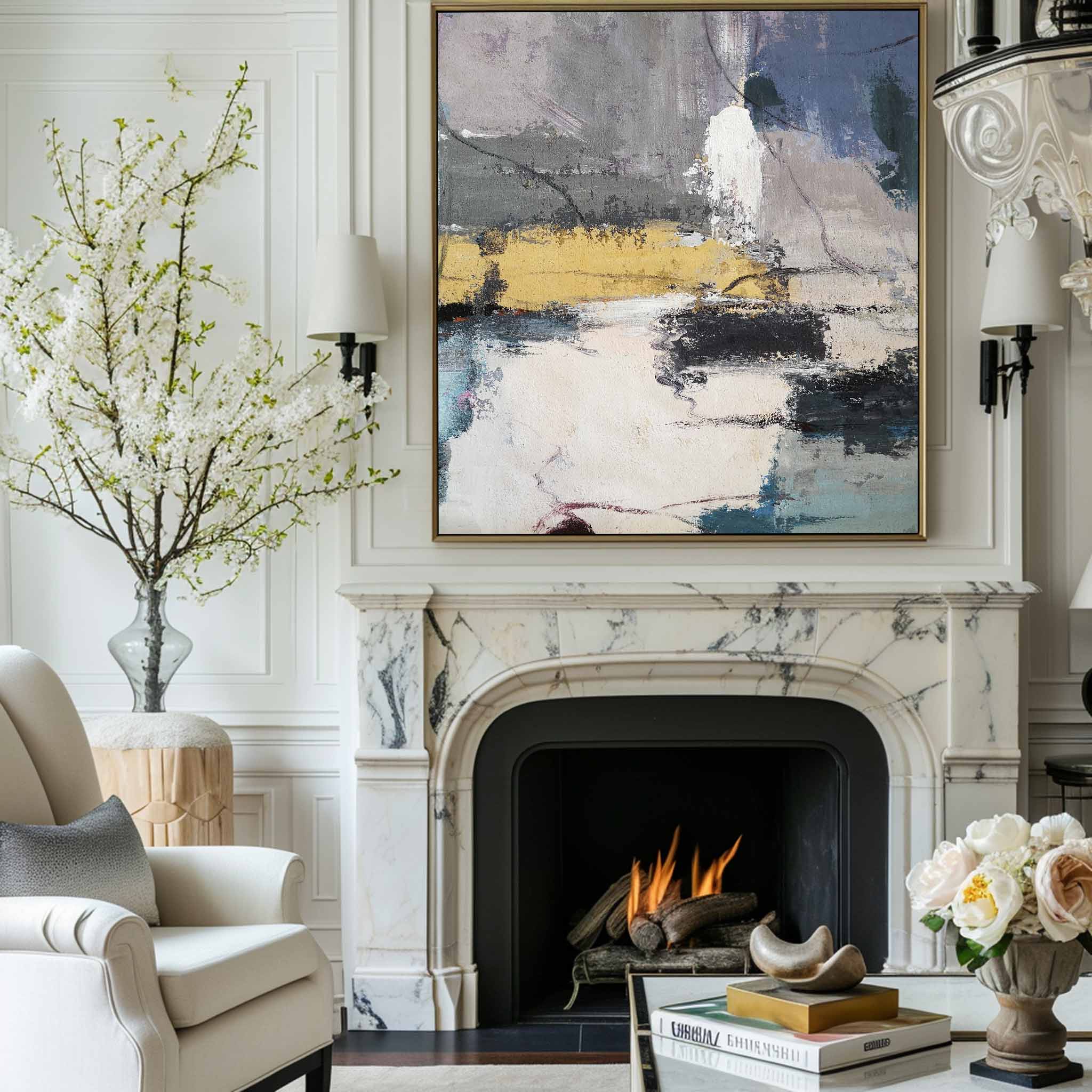 Grey‑Gold Cream‑Tone Vertical Block‑Layer Impasto Textured Artwork