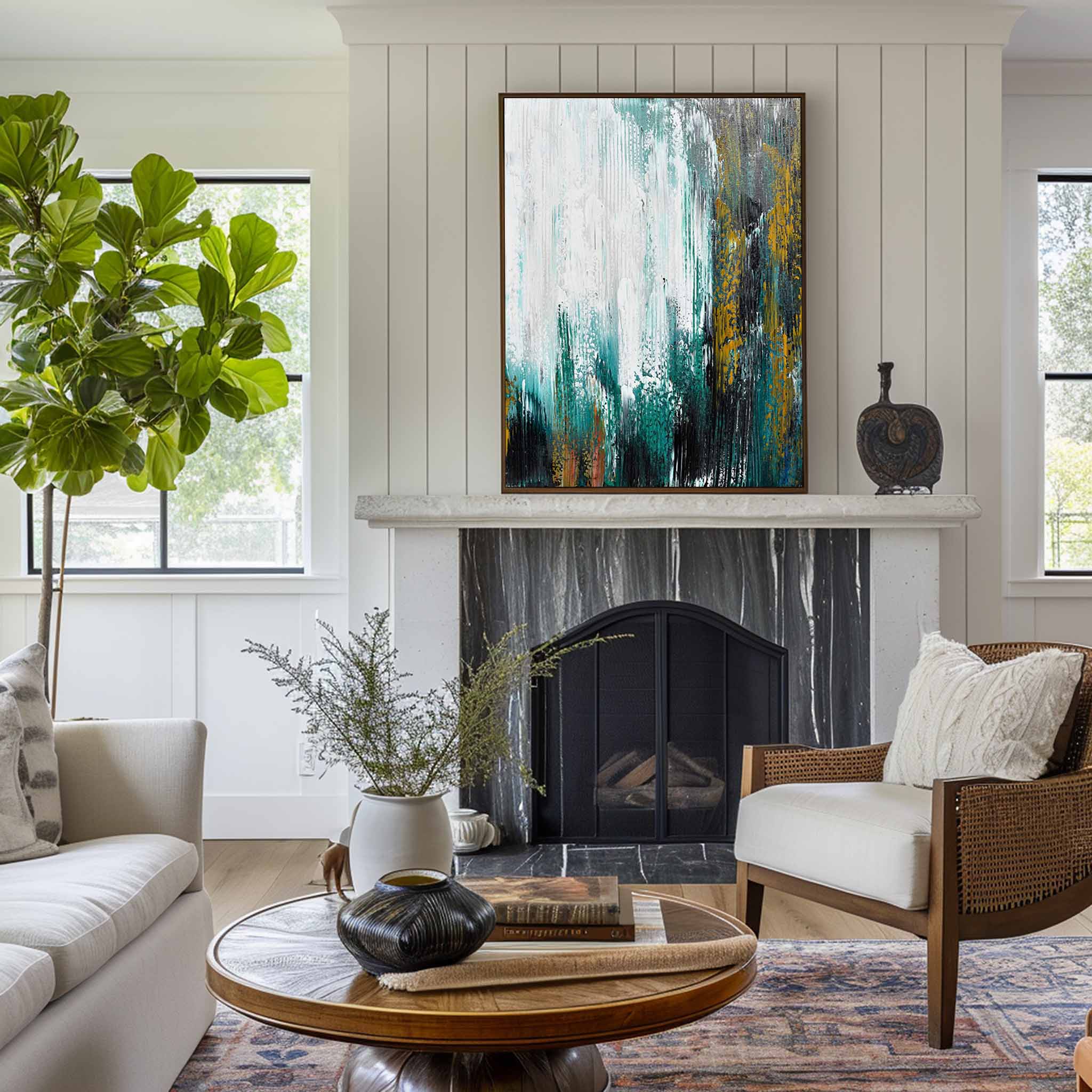 Large Contemporary Abstract Teal Gold White Textured Vertical Oil Painting on Linen Canvas