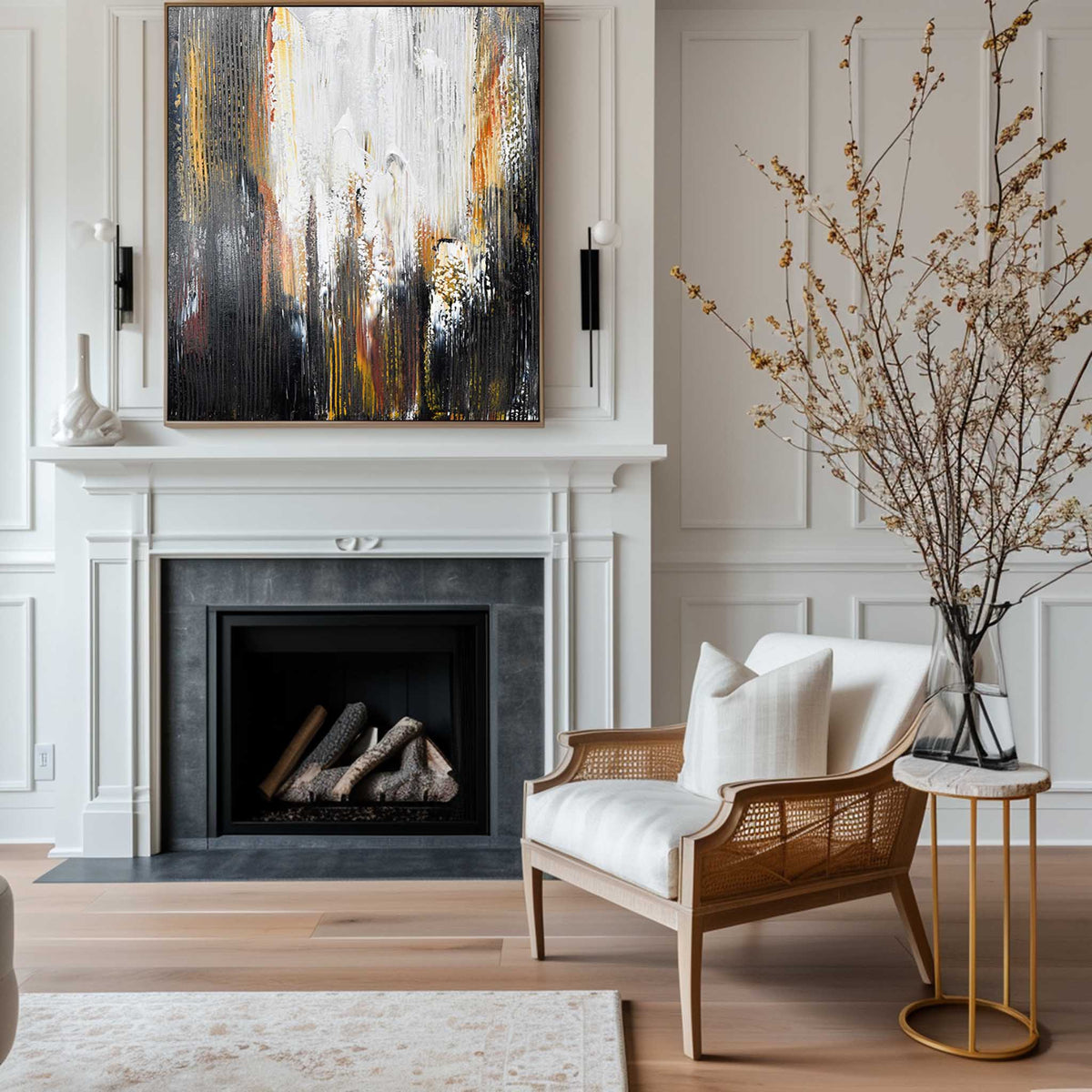 Large Contemporary Abstract Black Gold White Textured Vertical Oil Painting on Linen Canvas