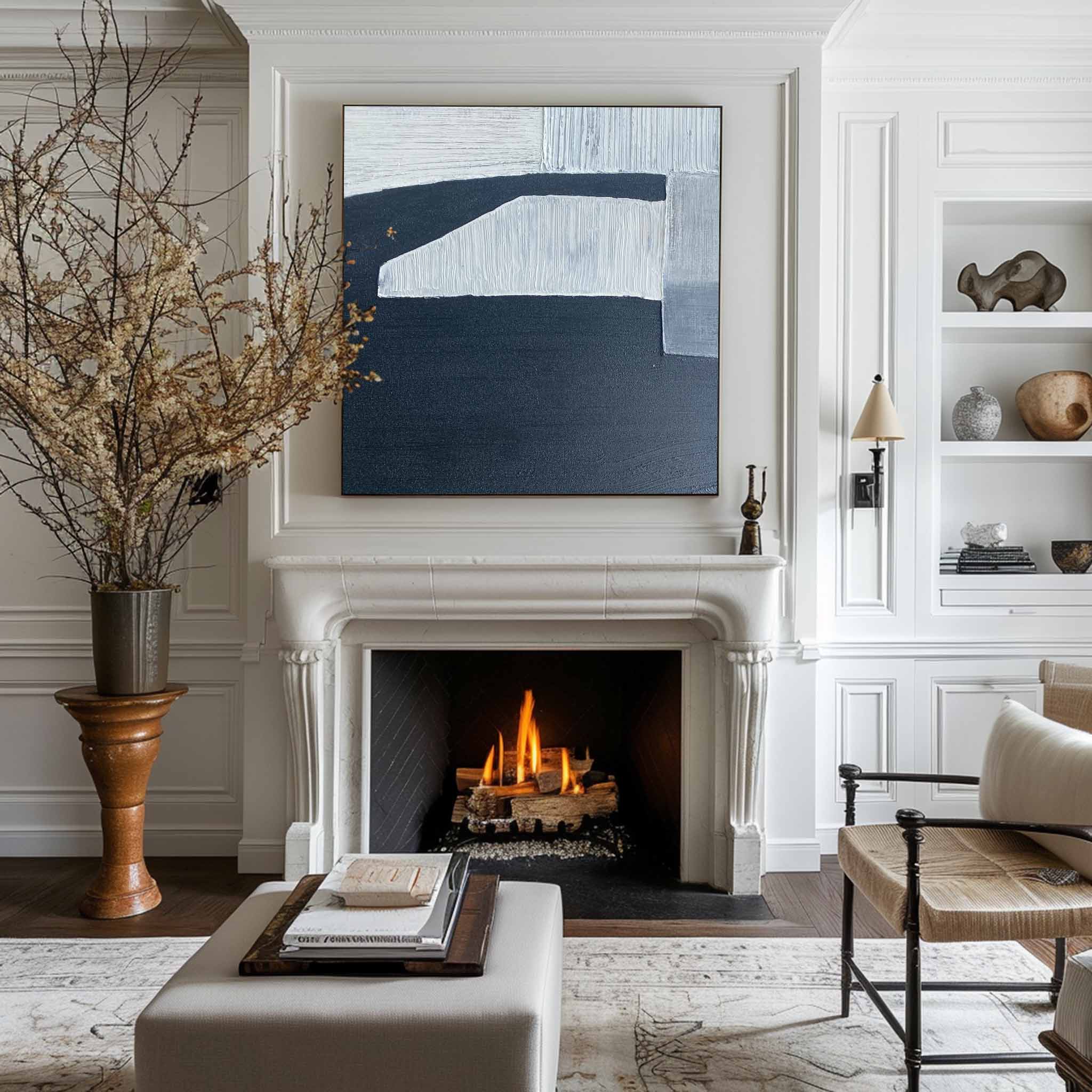 Blue White Black Abstract Geometric Painting