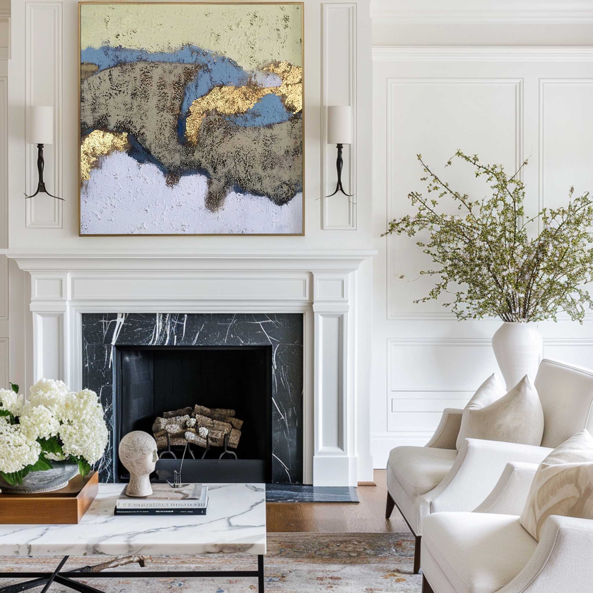 Abstract Blue Gold Organic Texture Wall Art
