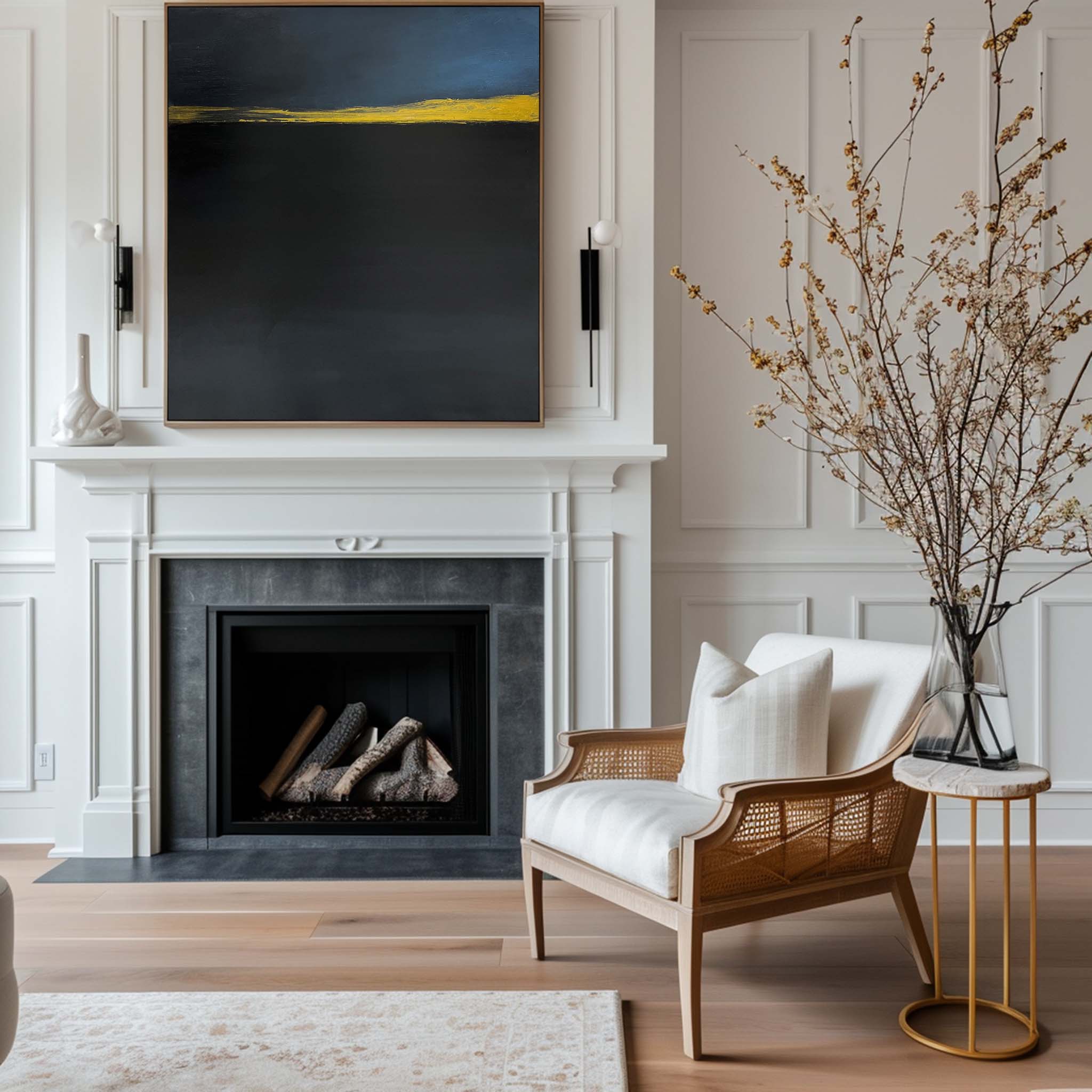 Modern Black Gold Yellow Abstract Linen Art