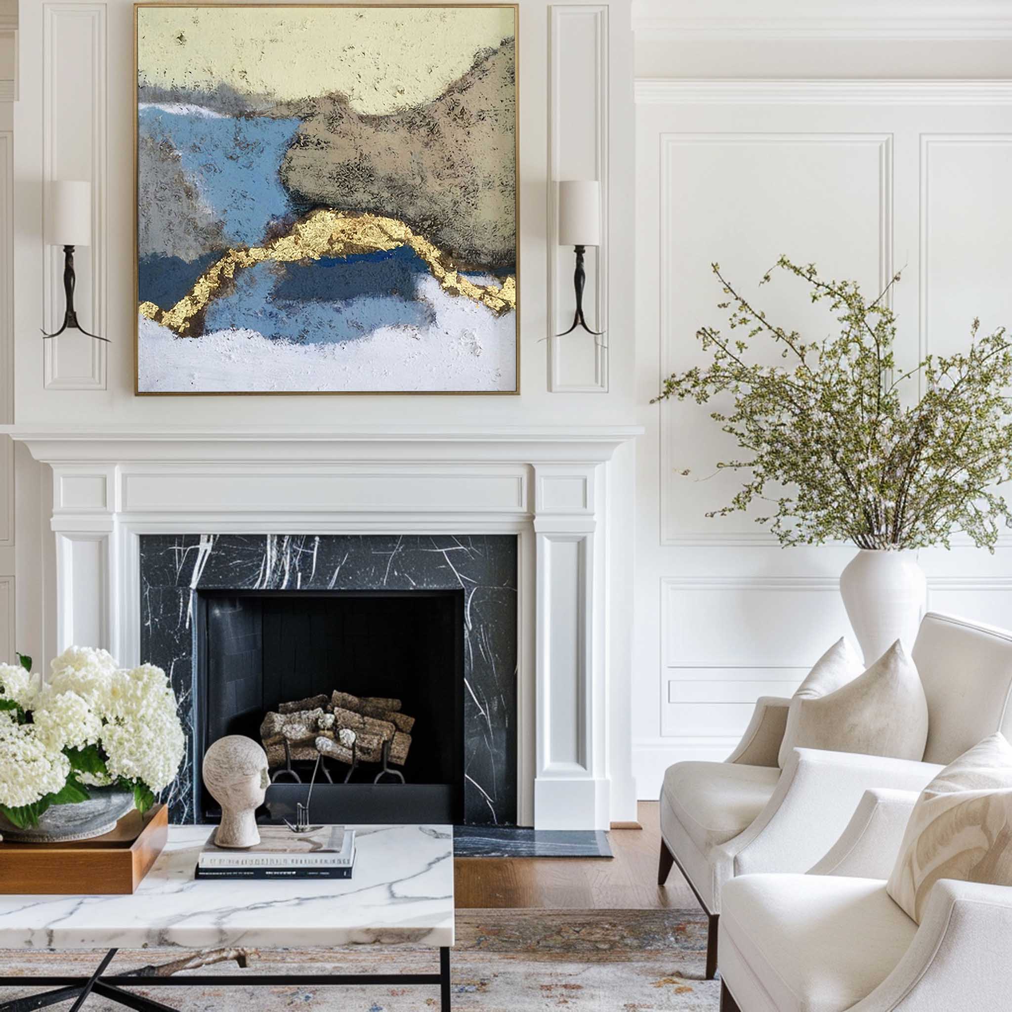 Blue Gold Abstract Landscape Textured Wall Art