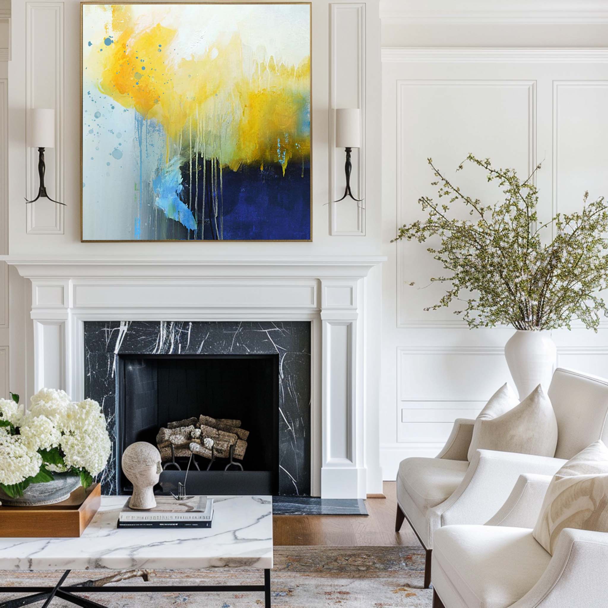 Yellow‑Deep‑Blue Square Fluid‑Wash Dripping Abstract Textured Artwork