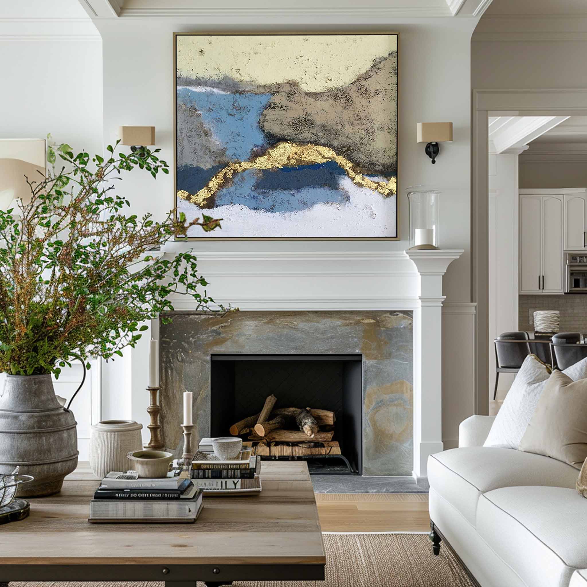 Blue Gold Abstract Landscape Textured Wall Art