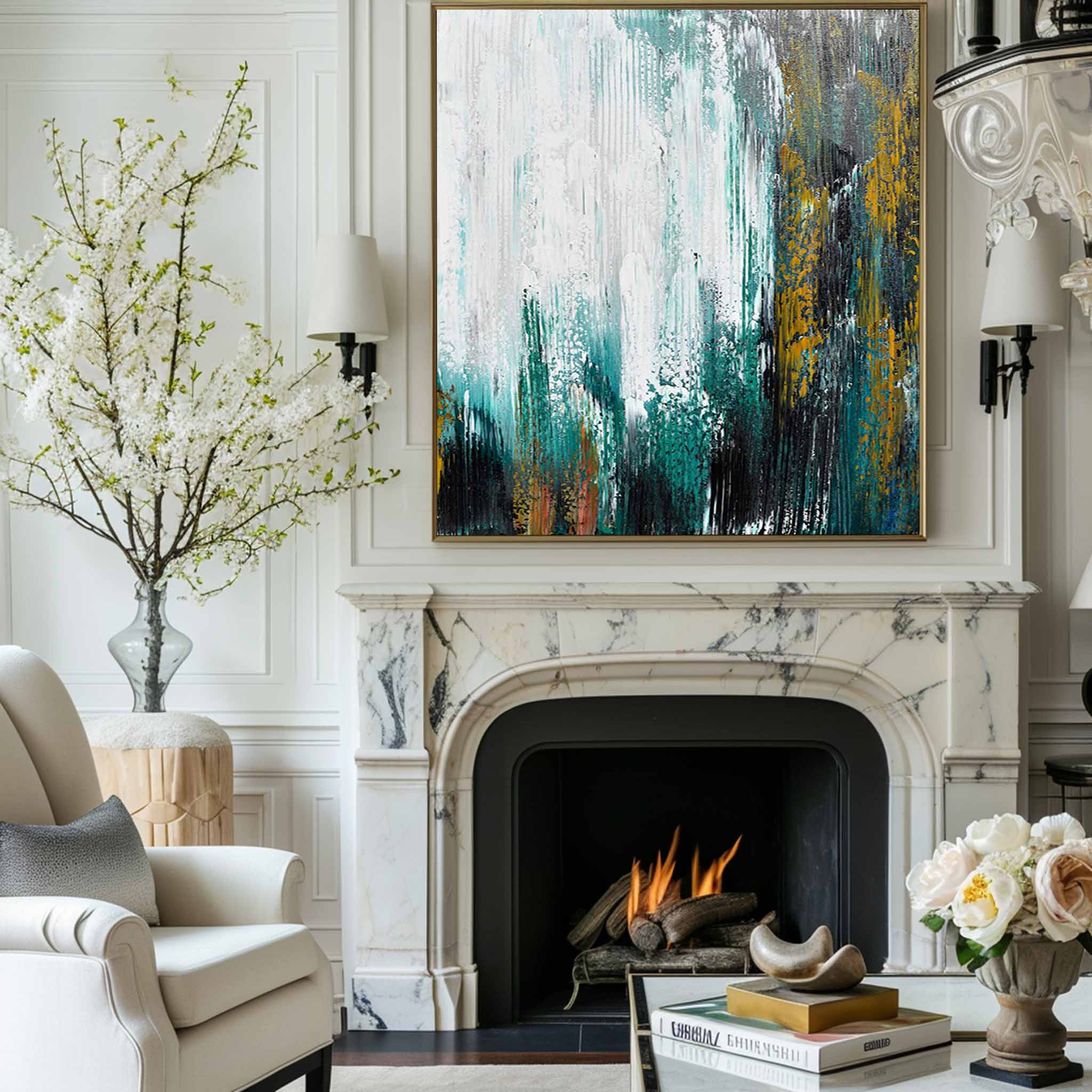 Large Contemporary Abstract Teal Gold White Textured Vertical Oil Painting on Linen Canvas