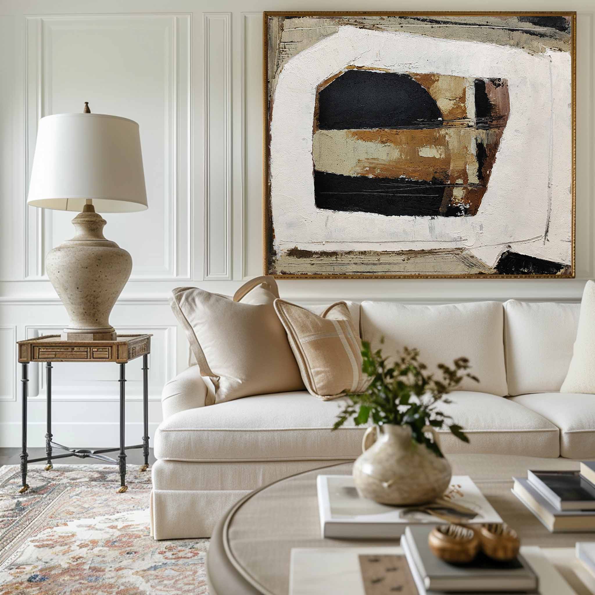 Abstract Black Beige Brown Geometric Oil Painting