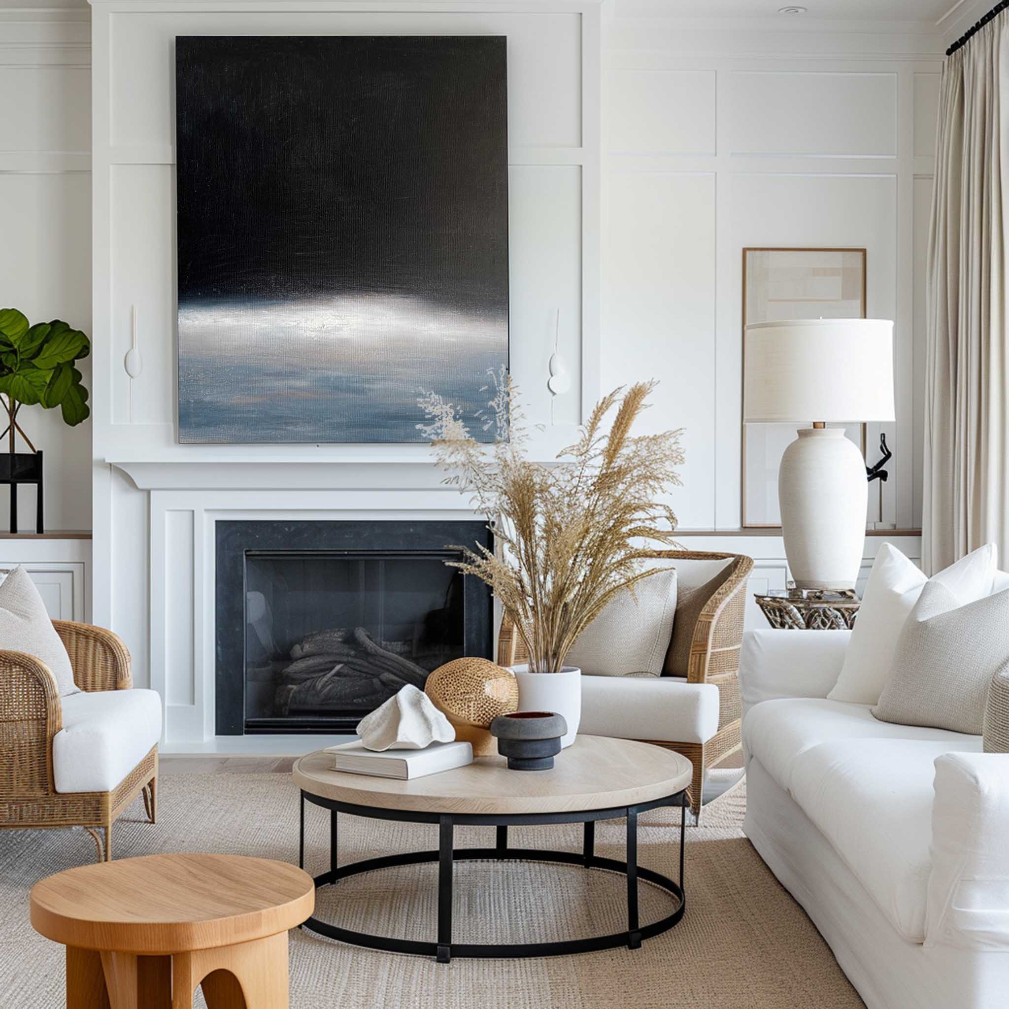 Dark Misty Ocean Horizon Abstract Linen Canvas Wall Decoration