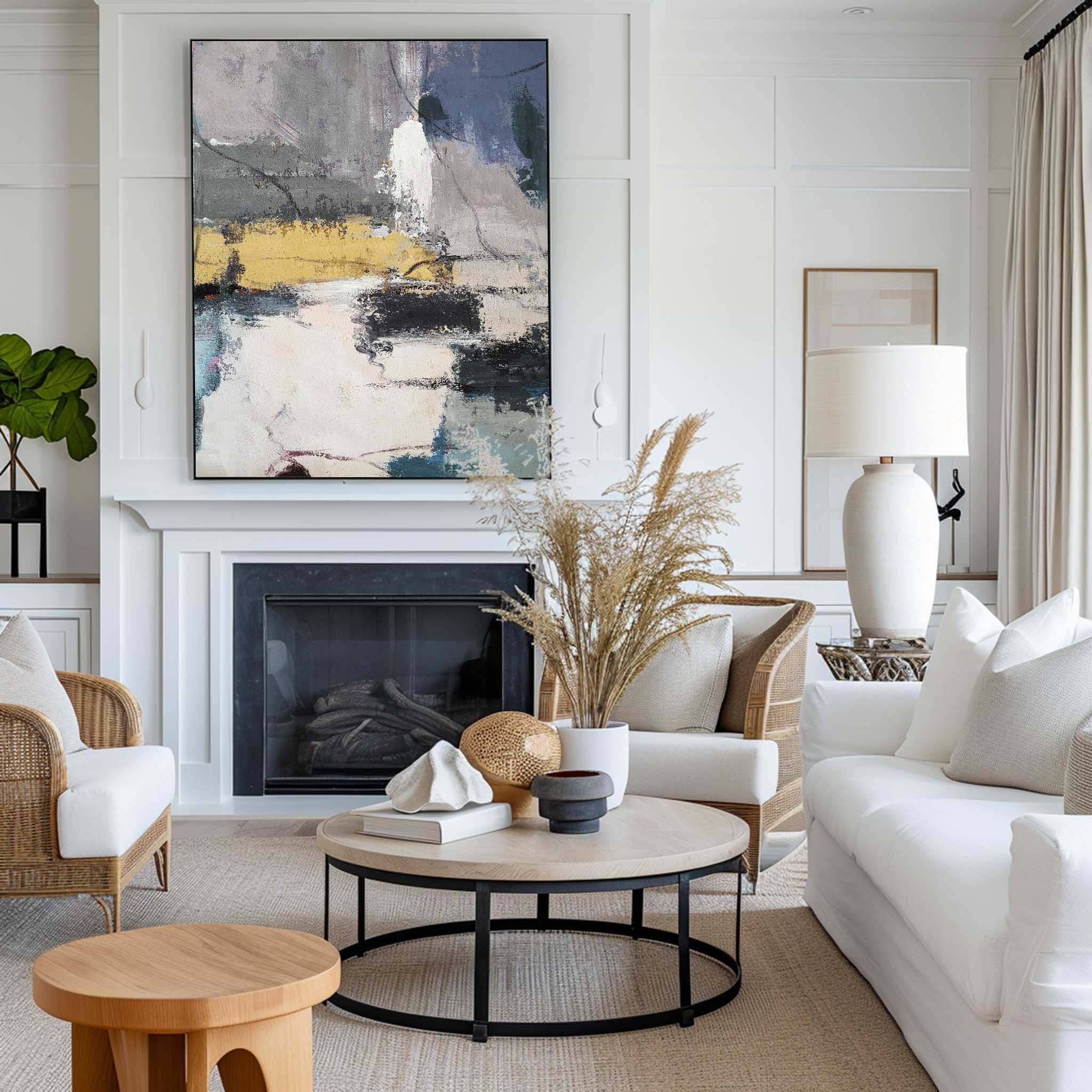 Grey‑Gold Cream‑Tone Vertical Block‑Layer Impasto Textured Artwork